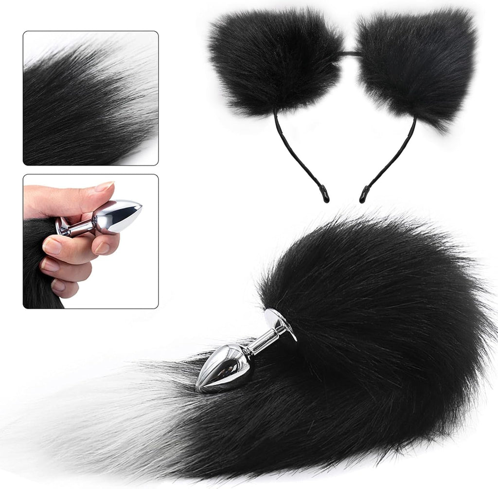 FrostTip Black White Fox Tail Steel Butt Plug 13"
