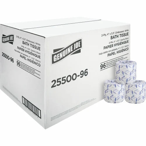 Genuine Joe® Standard Toilet Paper, 2-Ply, 500 Sheets, 96 Rolls 2 Ply - 4" Width x 3.20" Length - 500 Sheets/Roll - 1 5/8" Core - White - 96 Box (GJO2550096)