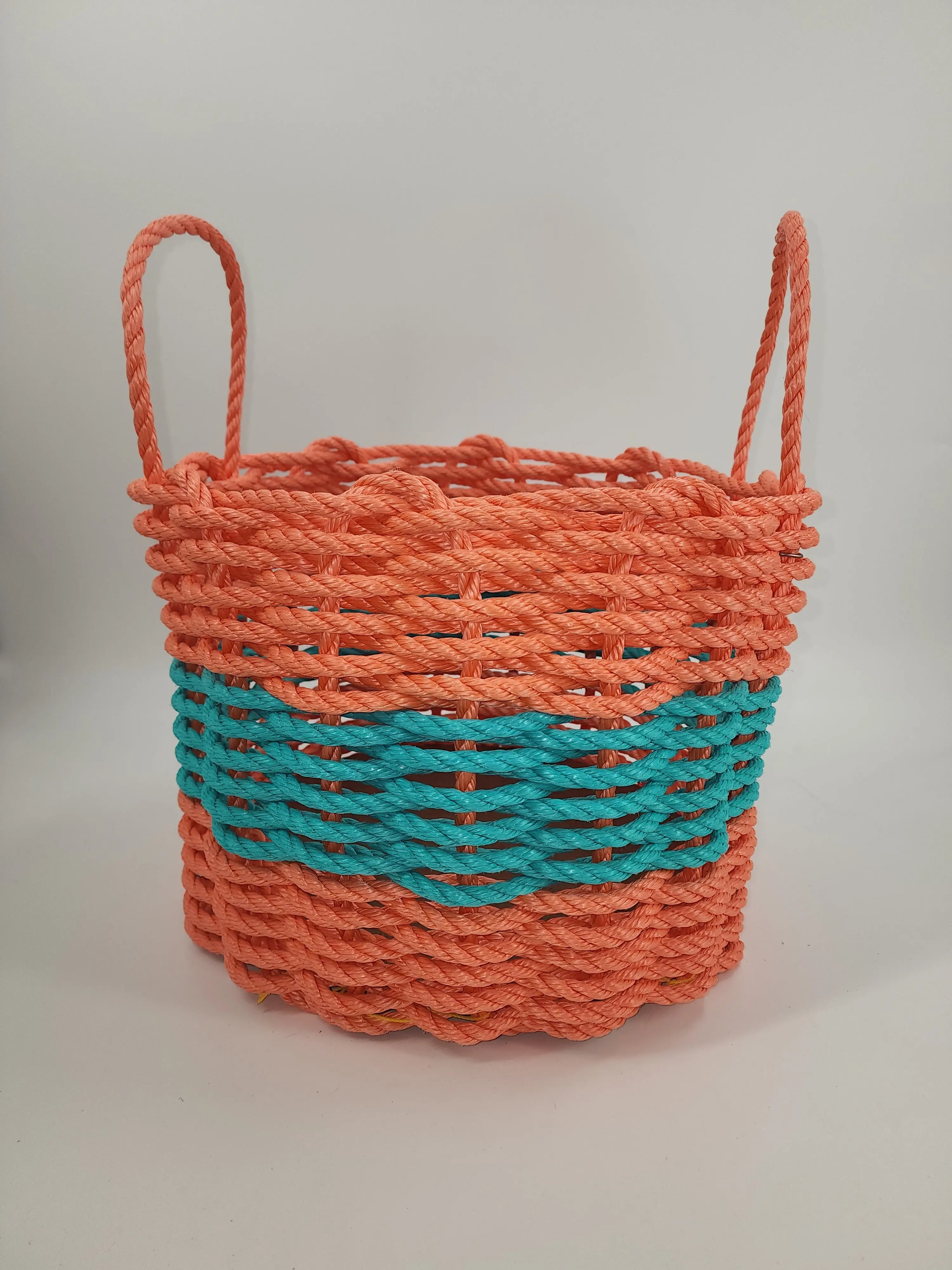 Authentic Maine Lobster Rope Storage Basket. Coral Orange and Teal