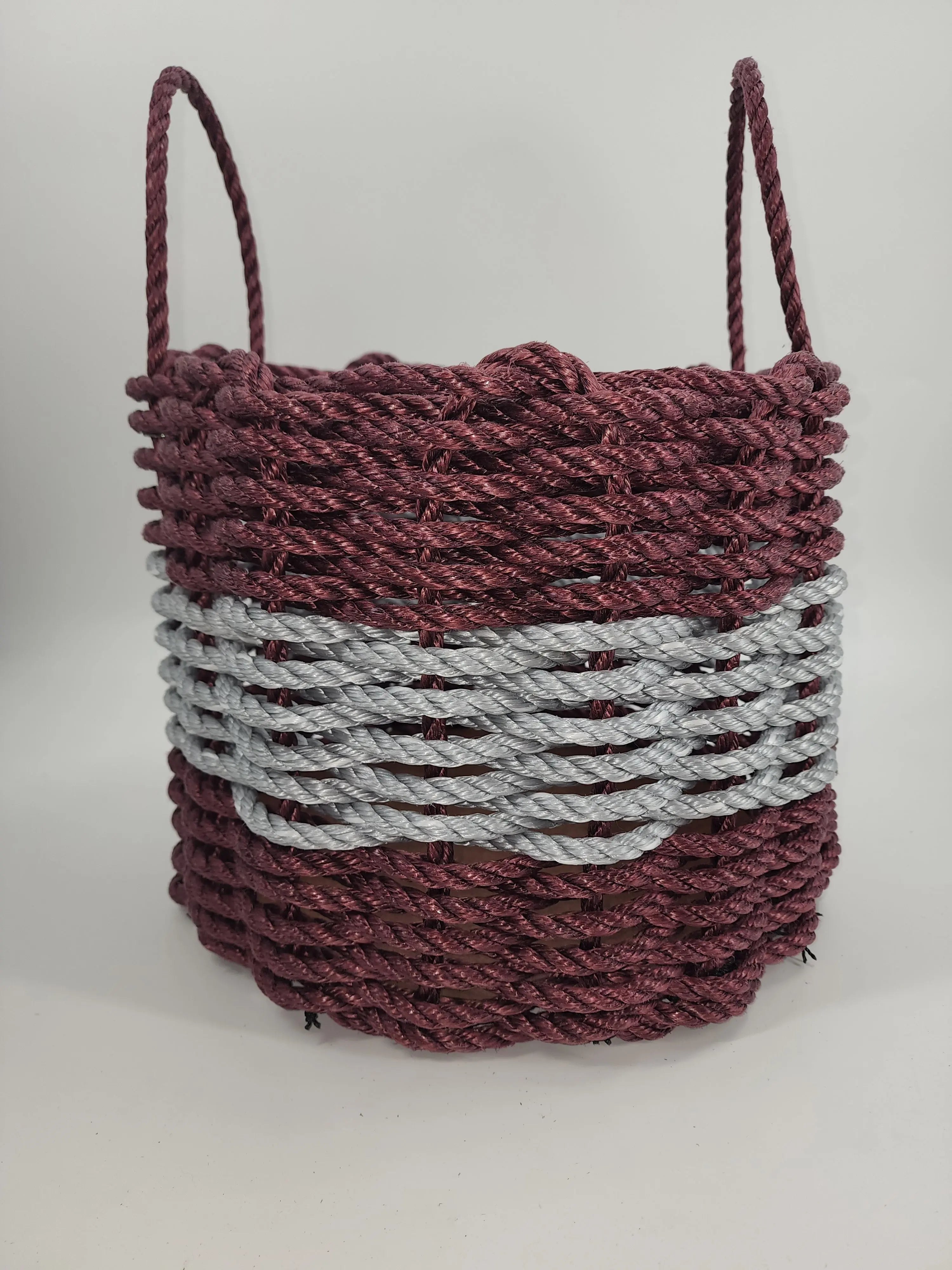 Authentic Maine Lobster Rope Storage Basket Burgundy and Light Gray