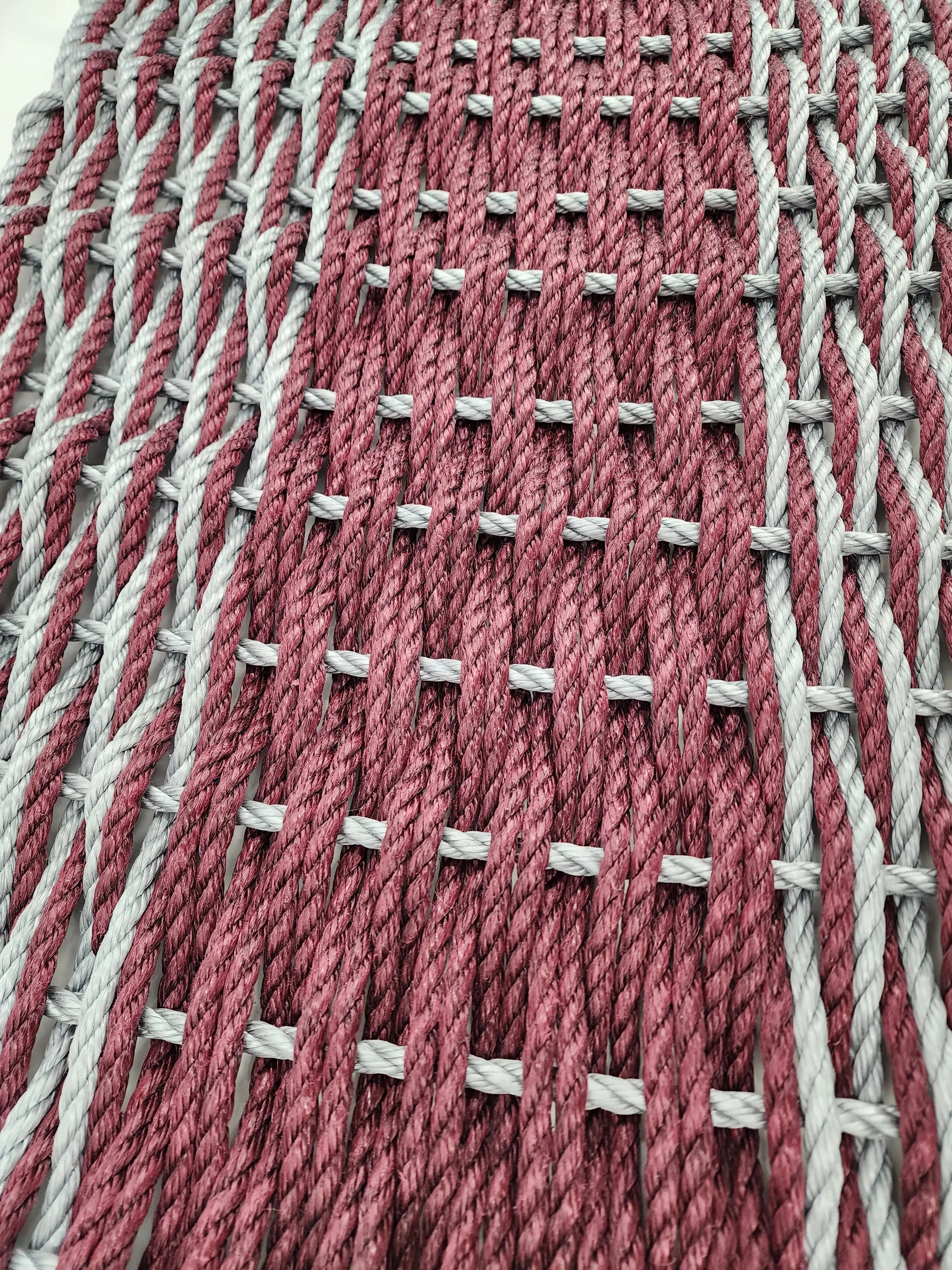 Large Burgundy Red and Light Gray Lobster Rope Mat made with Lobster Rope, Double Weave, Vibrant, Long Lasting Durable