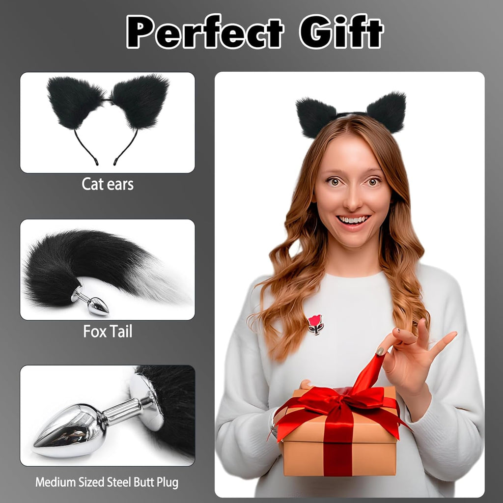 FrostTip Black White Fox Tail Steel Butt Plug 13"