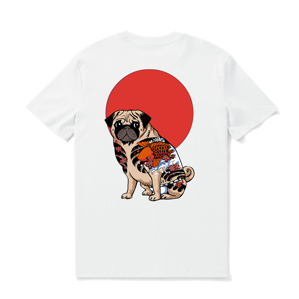 Camiseta hawaiana para hombre Yakuza Pug Tee Cuello redondo 100% algodón - BLANCO