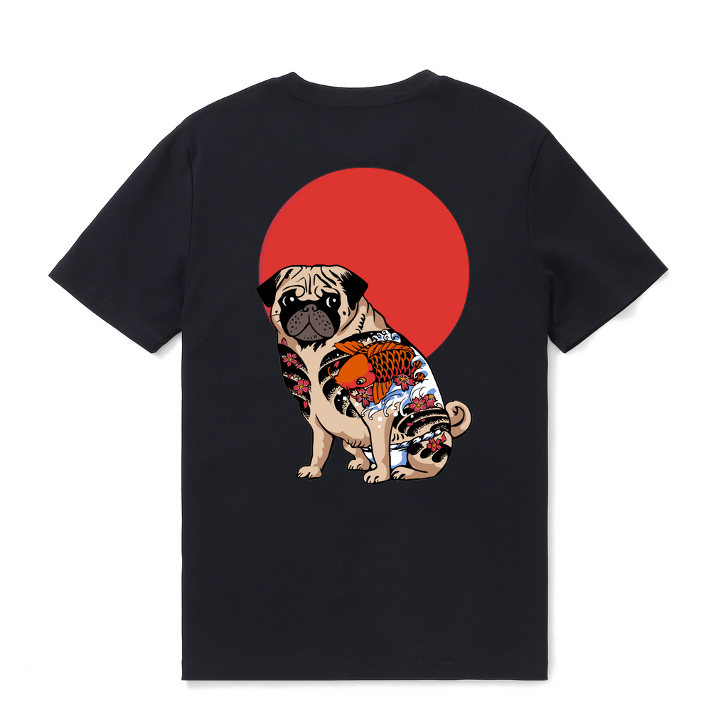 Camiseta hawaiana para hombre Yakuza Pug Cuello redondo 100% algodón - NEGRO