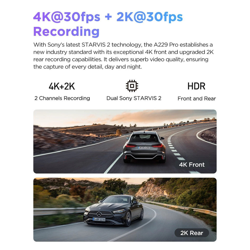 VIOFO A229 Pro Cámara de salpicadero de 2 canales 4K HDR Sony STARVIS 2 delantera y trasera