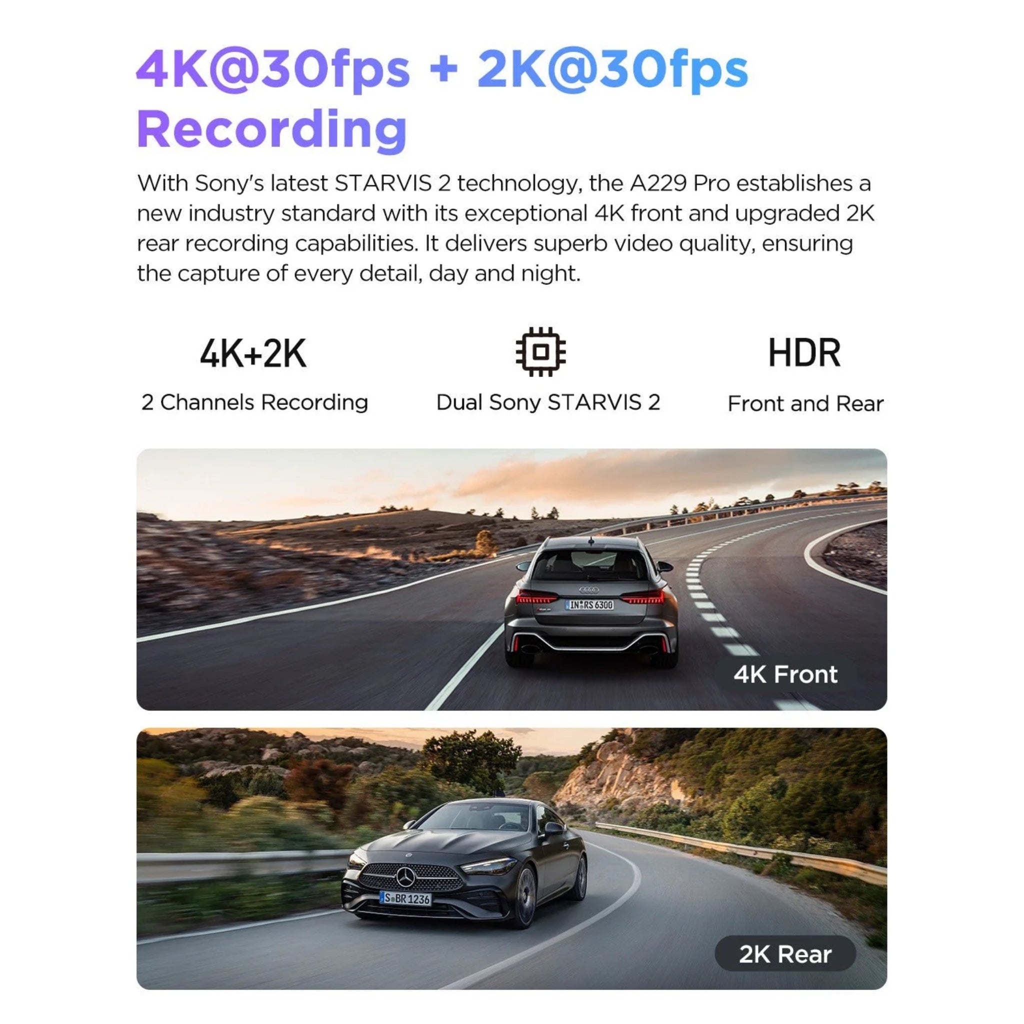 VIOFO A229 Pro Cámara de salpicadero de 2 canales 4K HDR Sony STARVIS 2 delantera y trasera