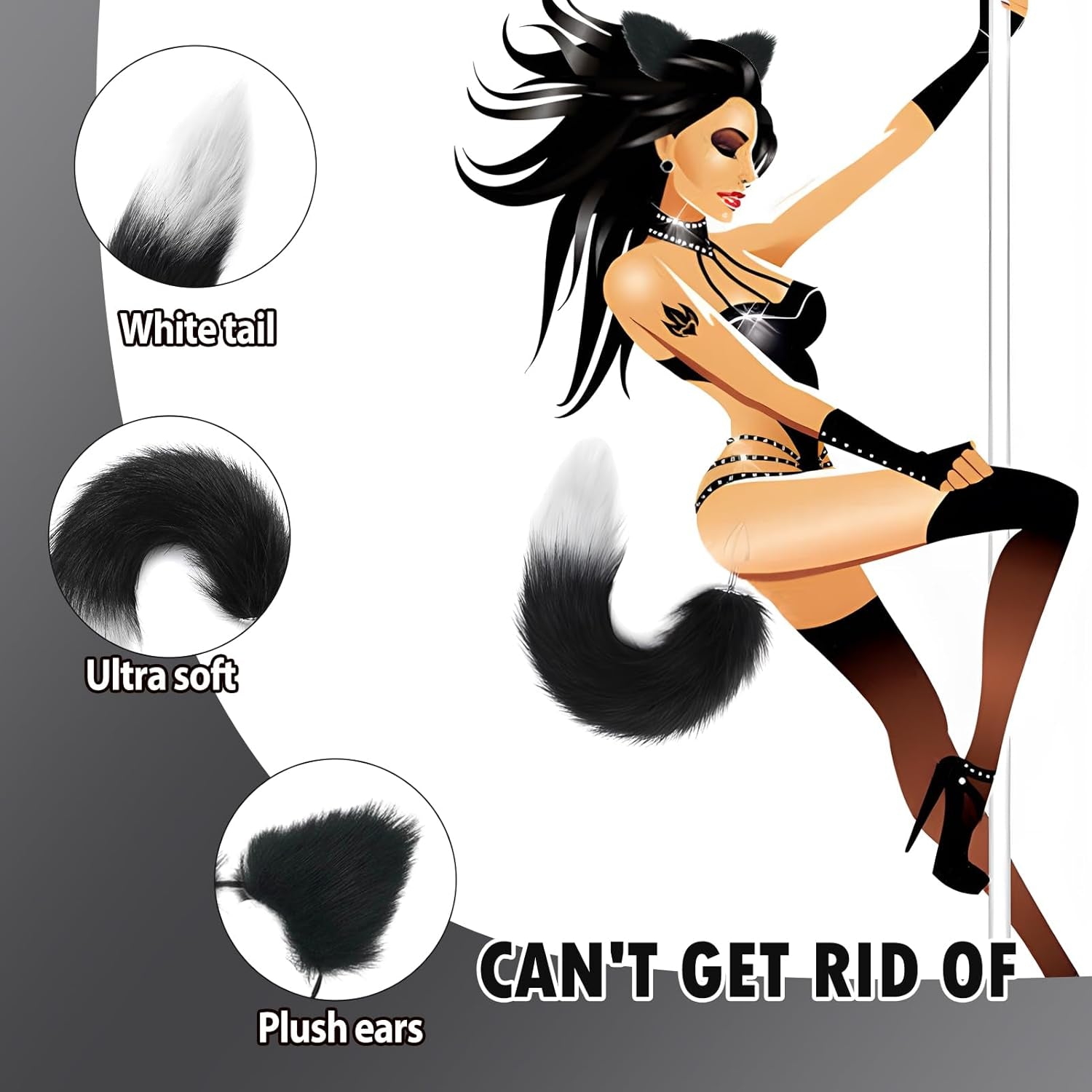 FrostTip Black White Fox Tail Steel Butt Plug 13"
