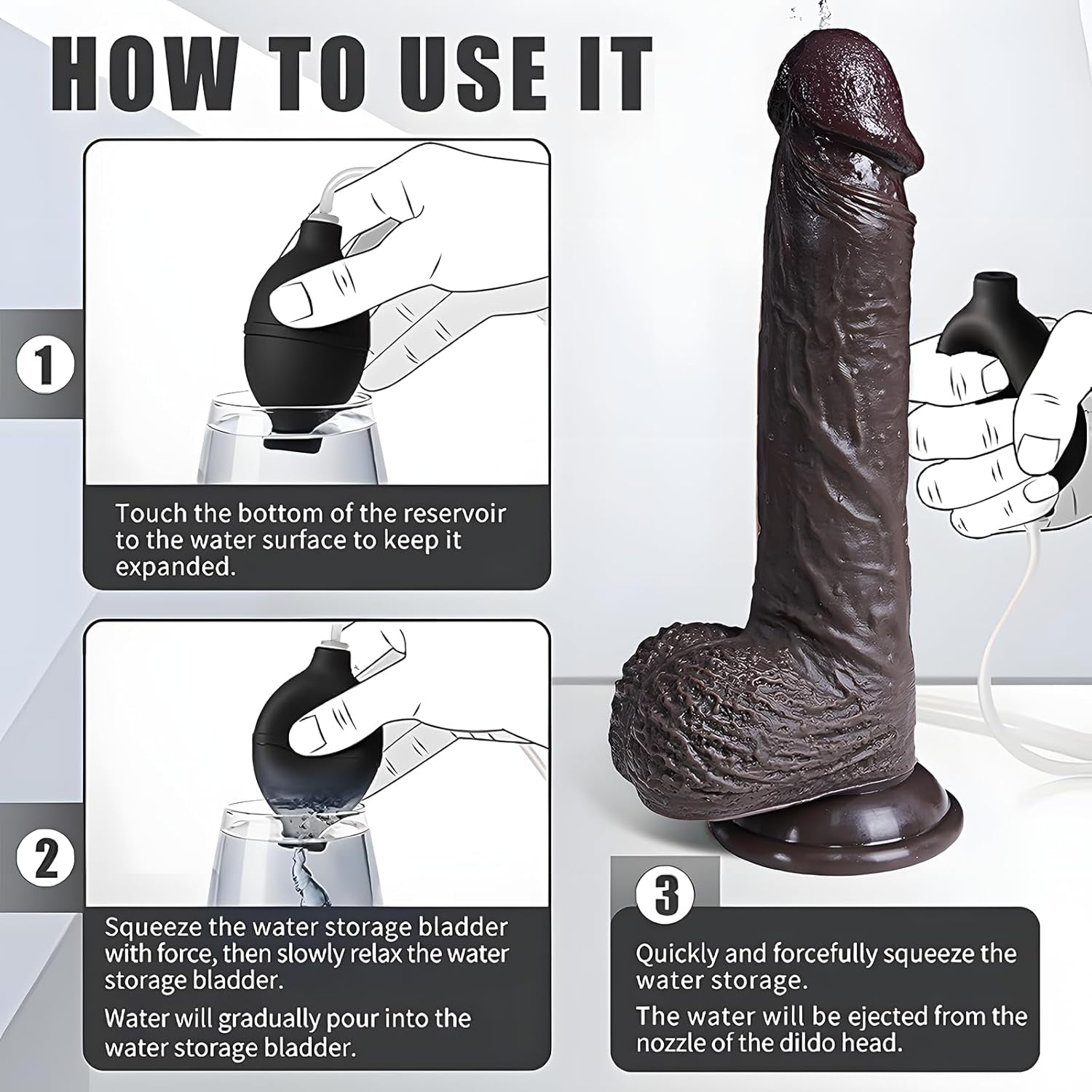 EbonyFlow 8.5” Ebony Squirting Dildo Silicone Suction Cup