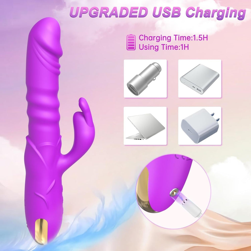 RoseAura Thrusting Rabbit Vibrator 3 Thrust 10 Modes Silicone