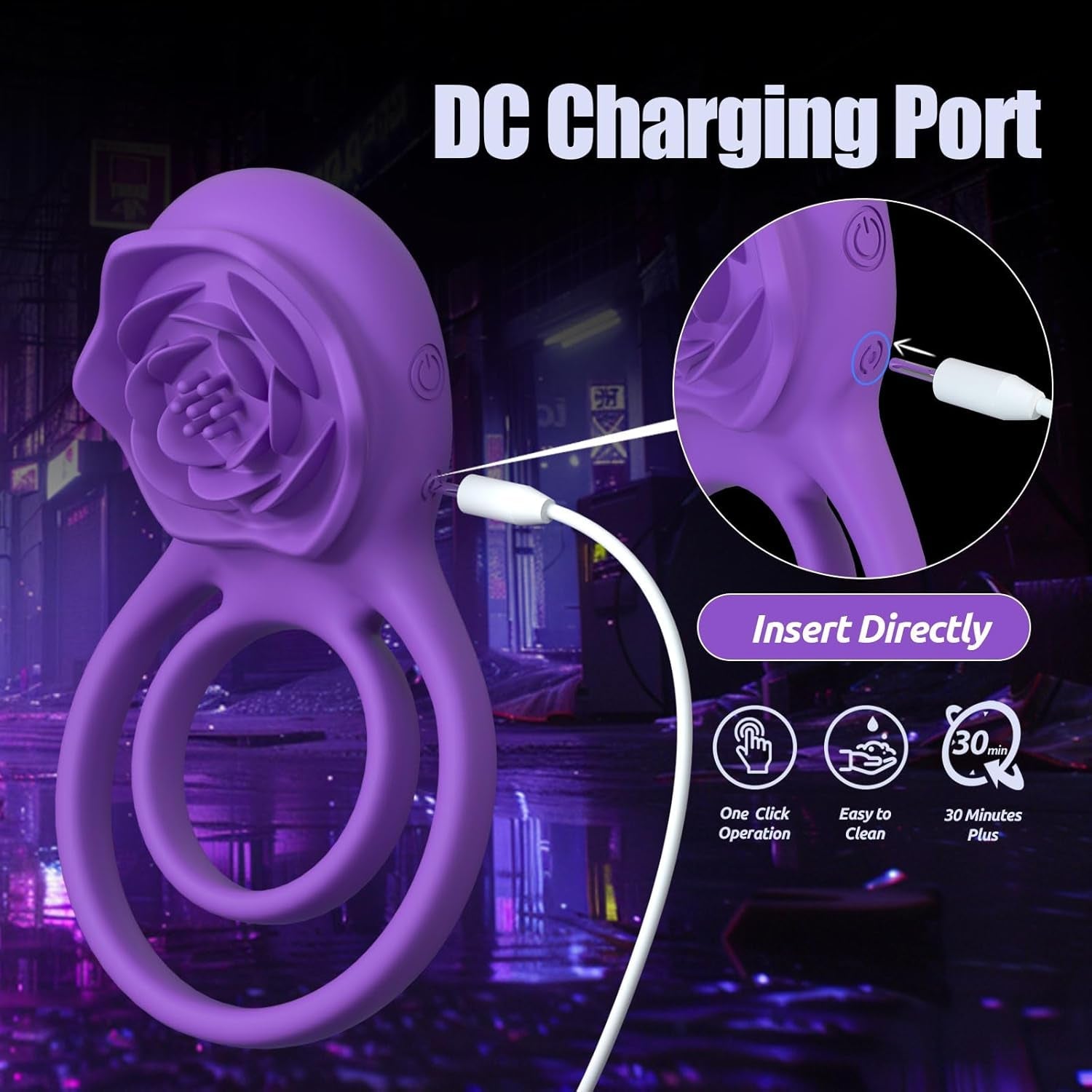 VioletLockX Purple Cock Ring Rose Clit Vibrator 7 Modes