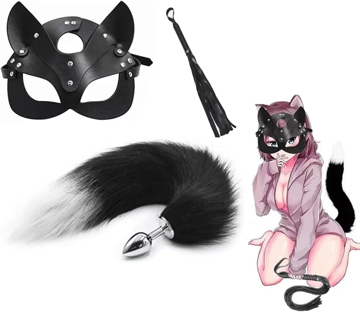 NightFeral Tail Anal Plug Mask Whip BDSM Cosplay Set