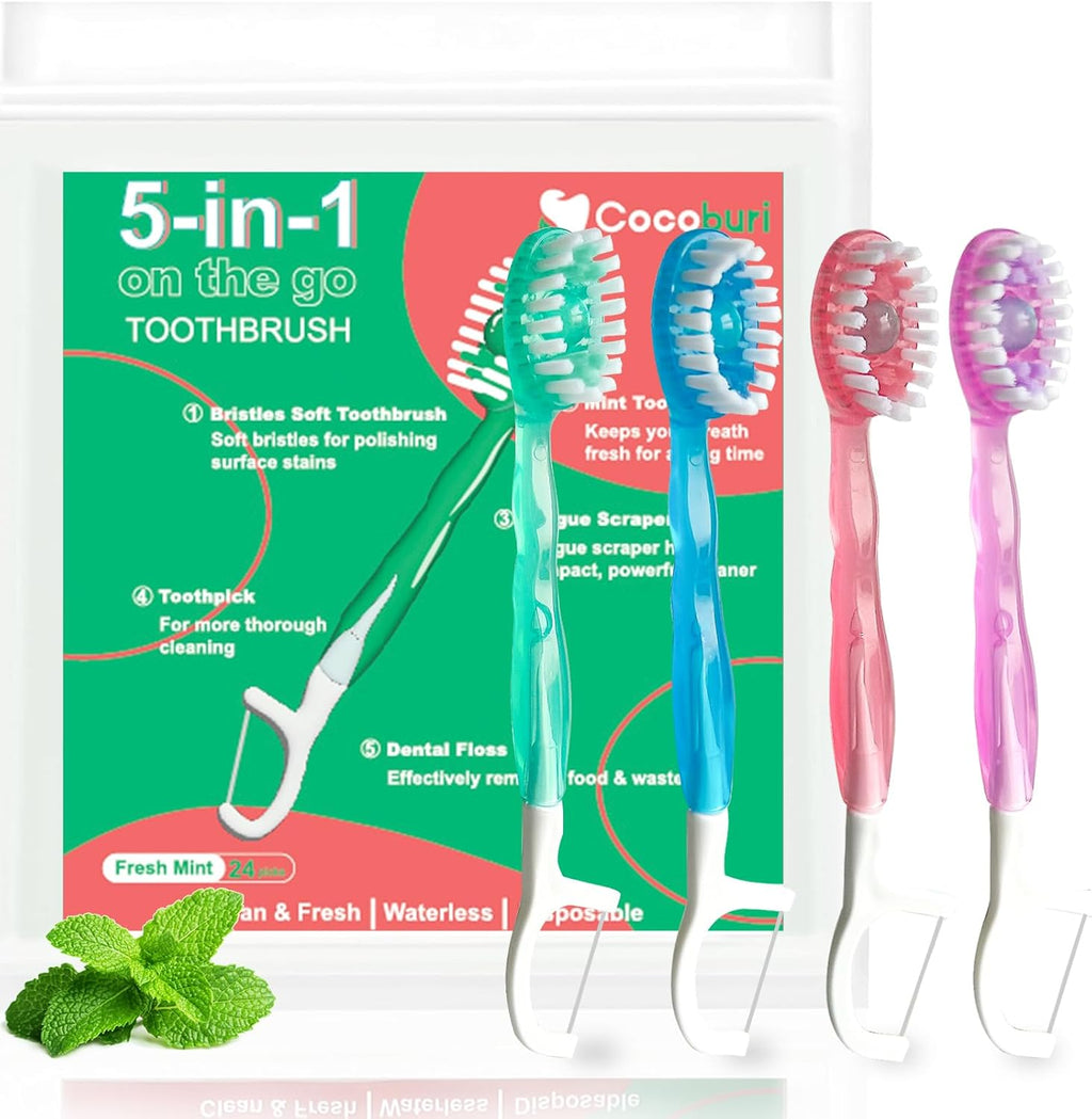 Morning After 5-in-1 Disposable Travel Toothbrush with Toothpaste, Floss & Tongue Scraper