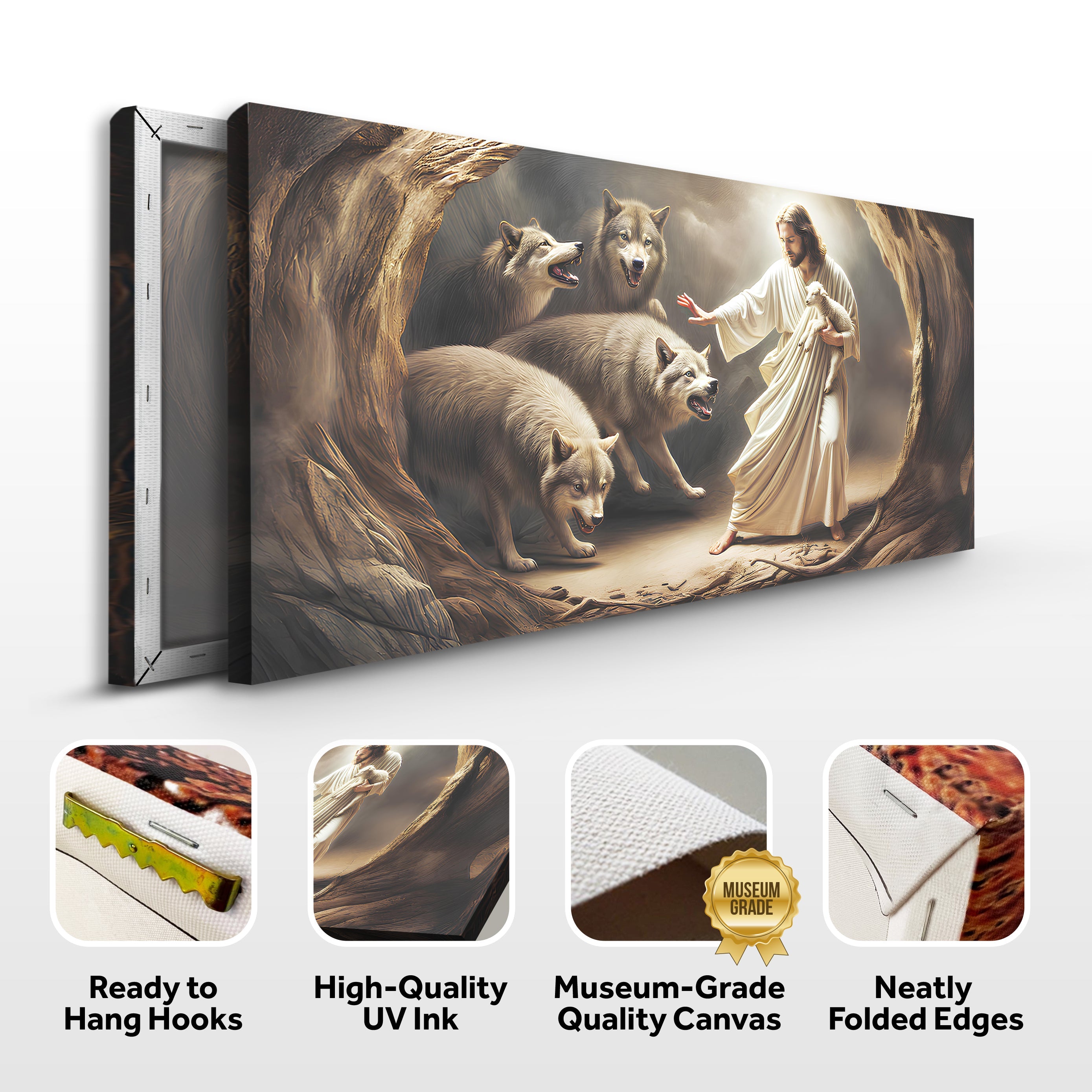 Jesus Protects The Lamb From Wolves Faith Wall Art III