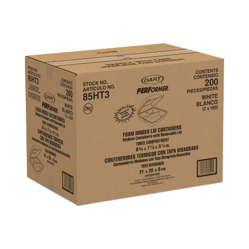 Dart Insulated Foam Hinged Lid Containers, 3-Compartment. 7.9 x 8.4 x 3.3, White, 200/Carton (85HT3)