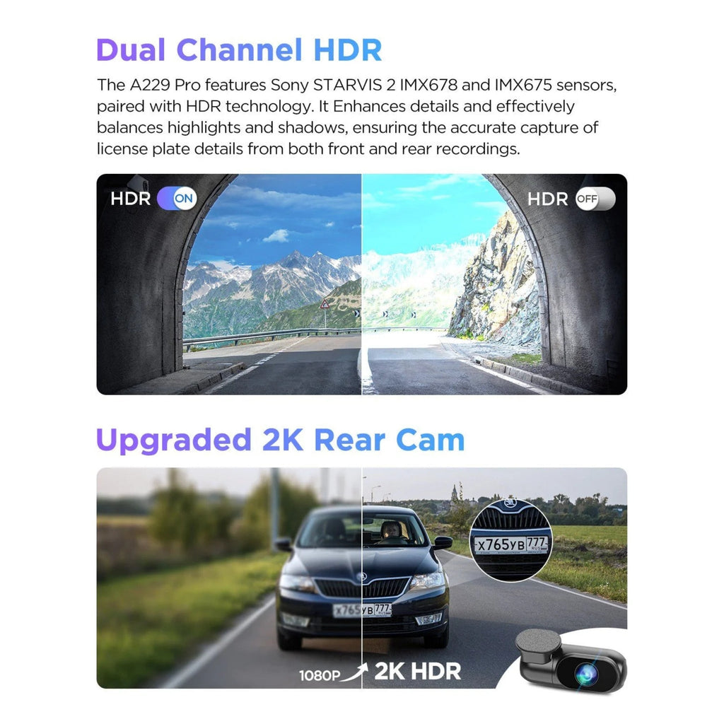 VIOFO A229 Pro Cámara de salpicadero de 2 canales 4K HDR Sony STARVIS 2 delantera y trasera