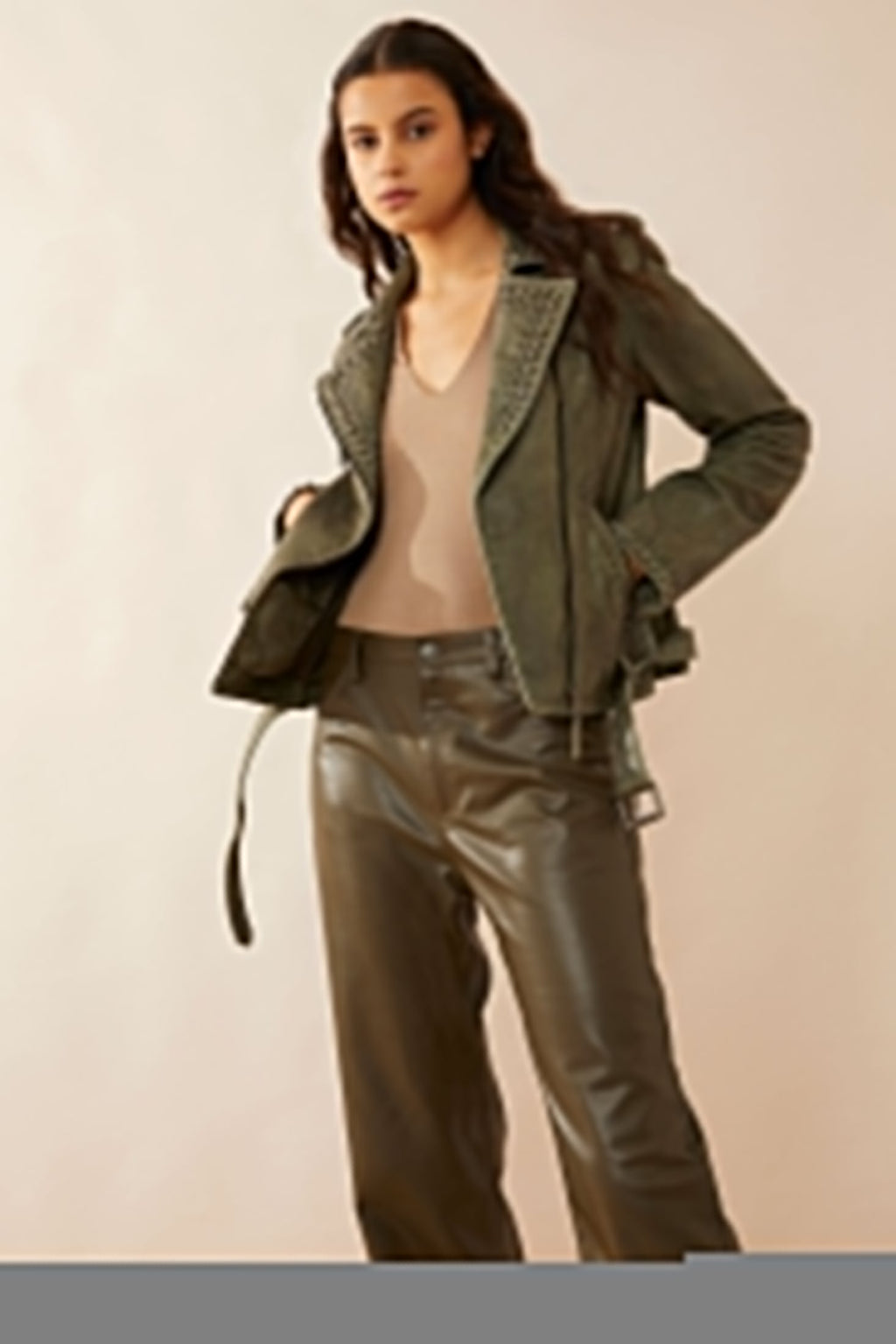 Aansila Leather Jacket In  Fern Grotto Green