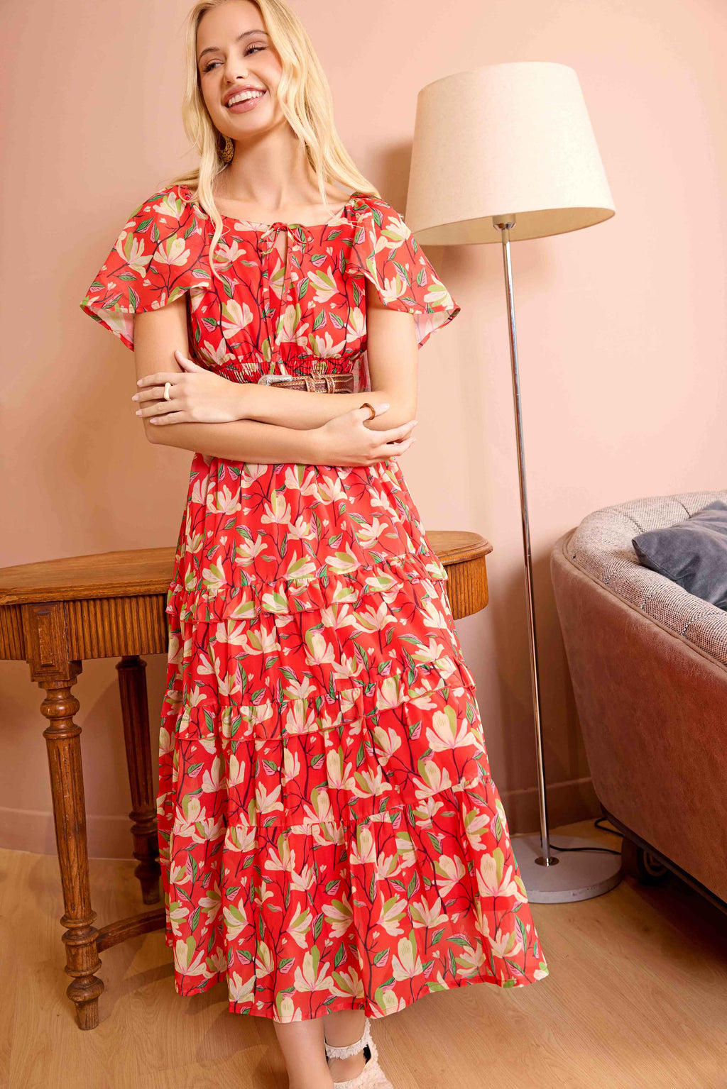 Bohera Lariat Grace Lace Trim Midi Dress in Crimson Red