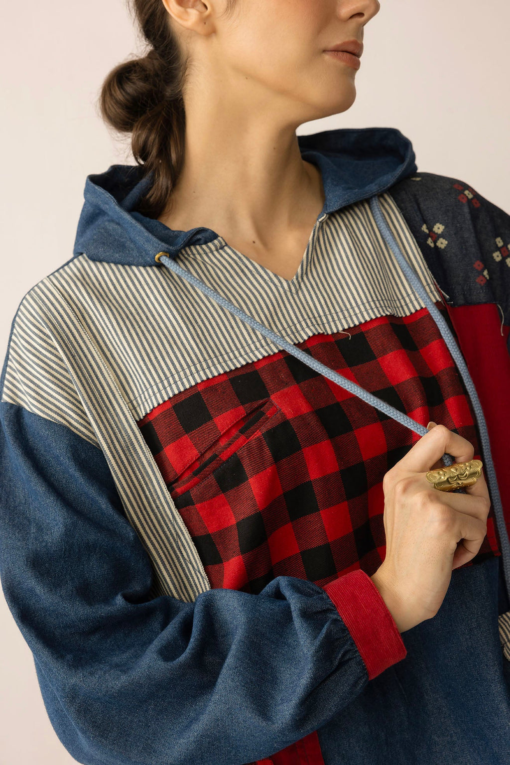 The Americana Patchwork Hoodie in Cherry Denim