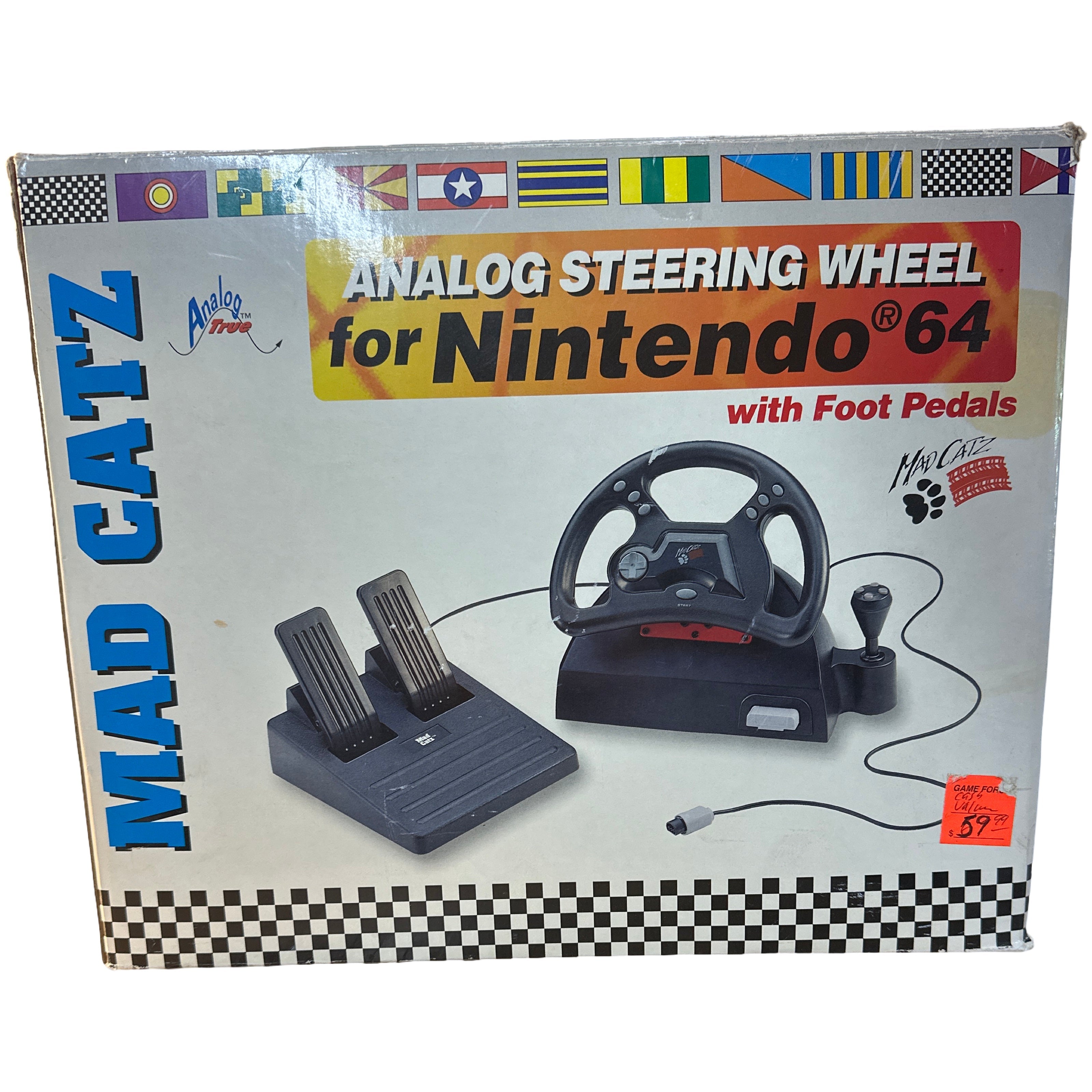 N64 RARE Original Vintage 1996 Mad Catz - Volante analógico con pedales