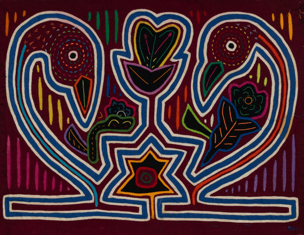Traditional Burgundy Blue And White Coy Swan Mola
