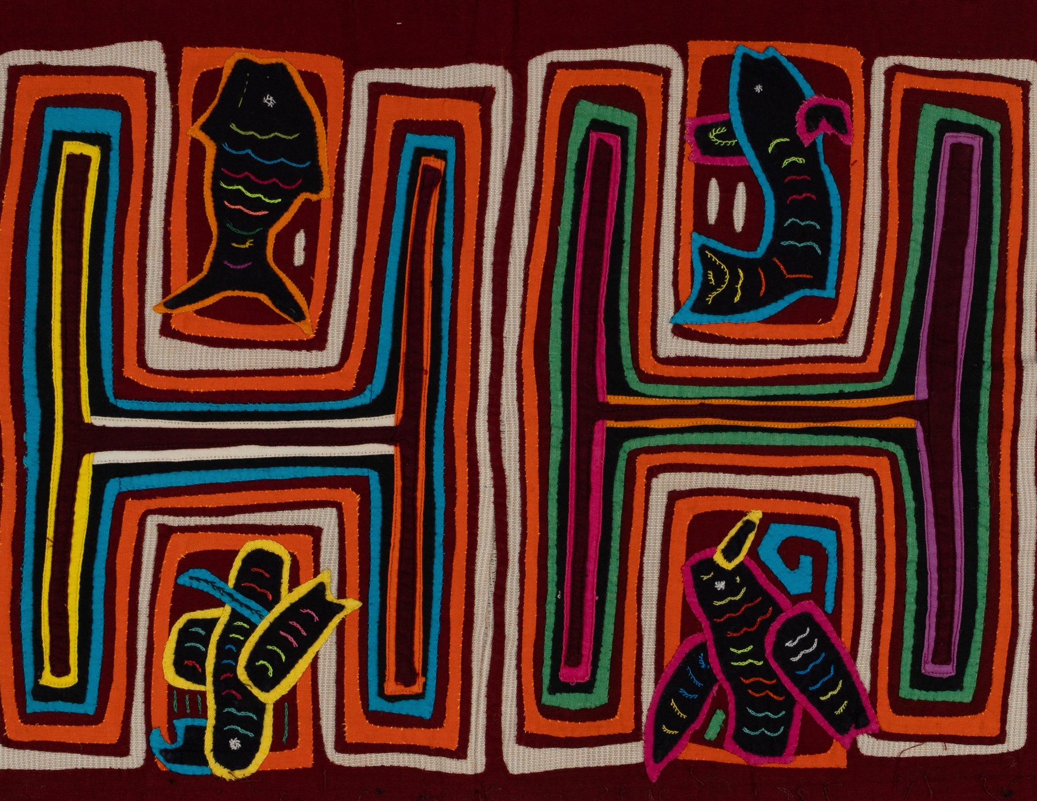 Traditional Orange White And Blue Fish And Bird Mola