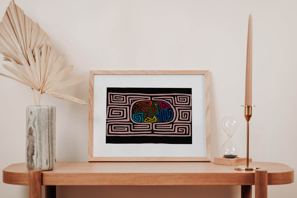 Traditional Black And Pink Bird In Maze Mola