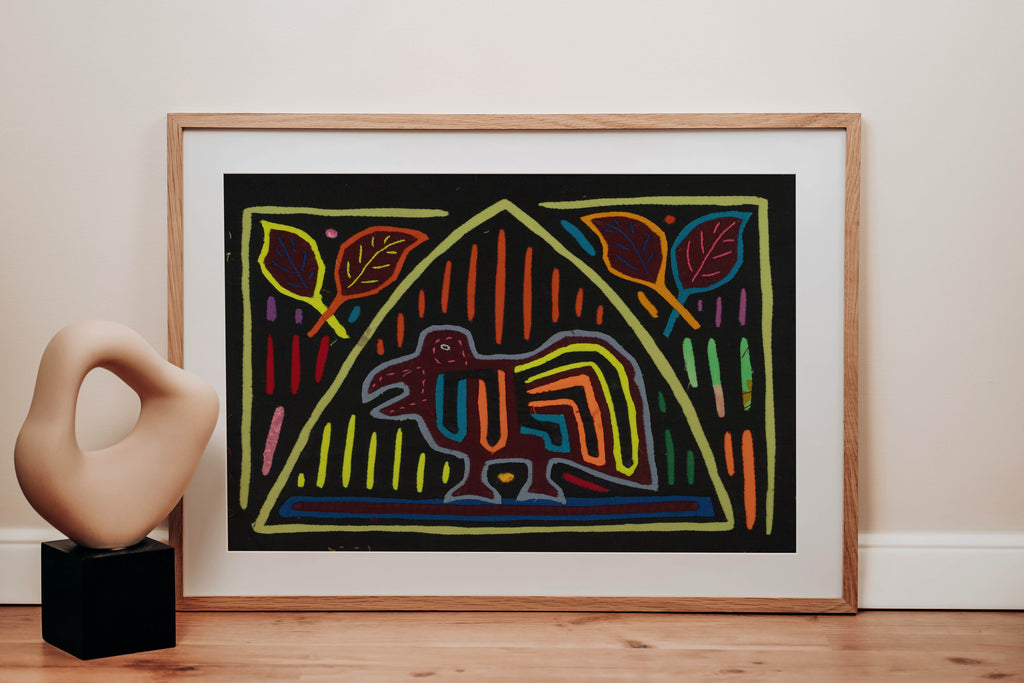 Traditional Black And Multi-color Bird Mola
