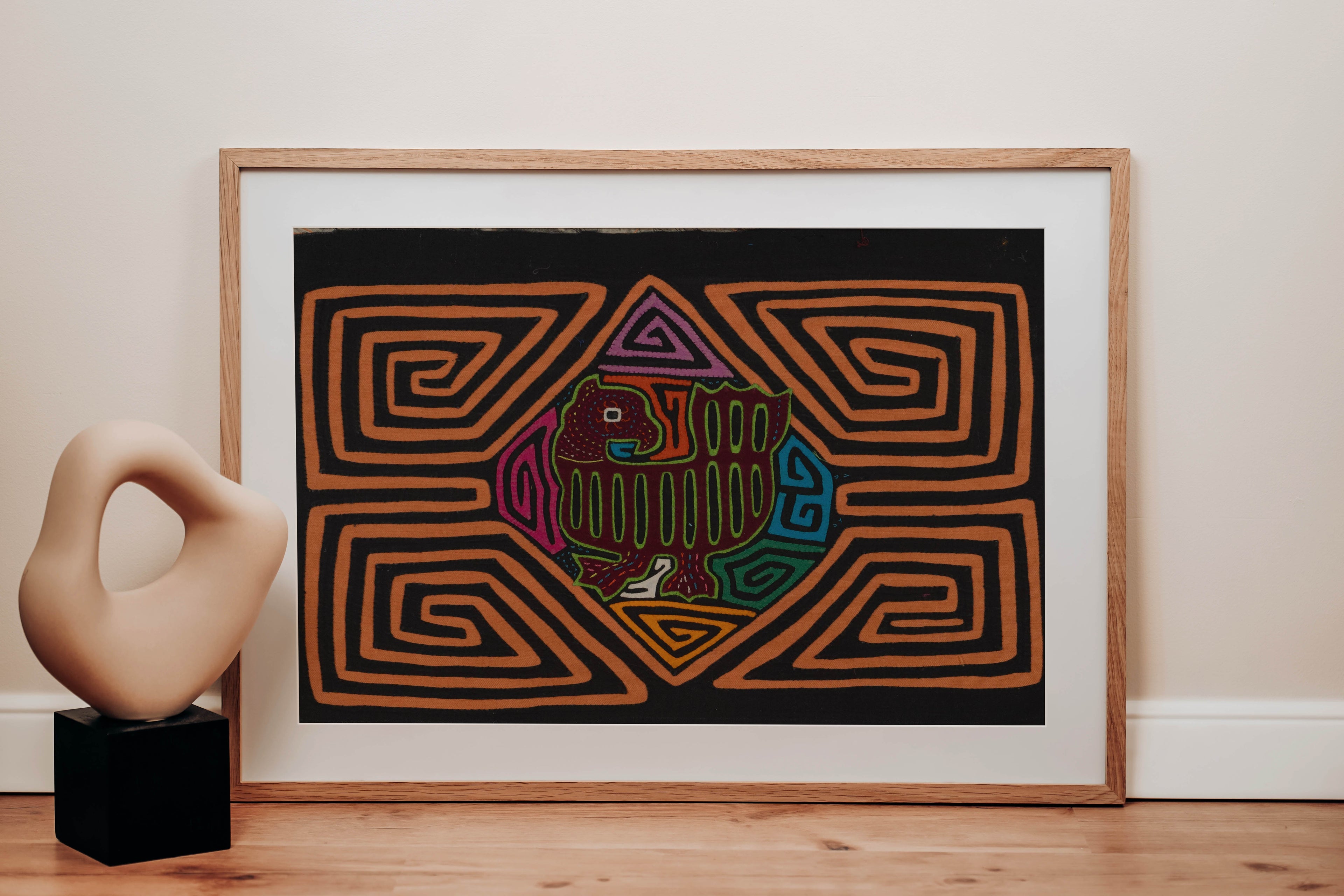 Traditional Black And Orange Jungle Critter Mola