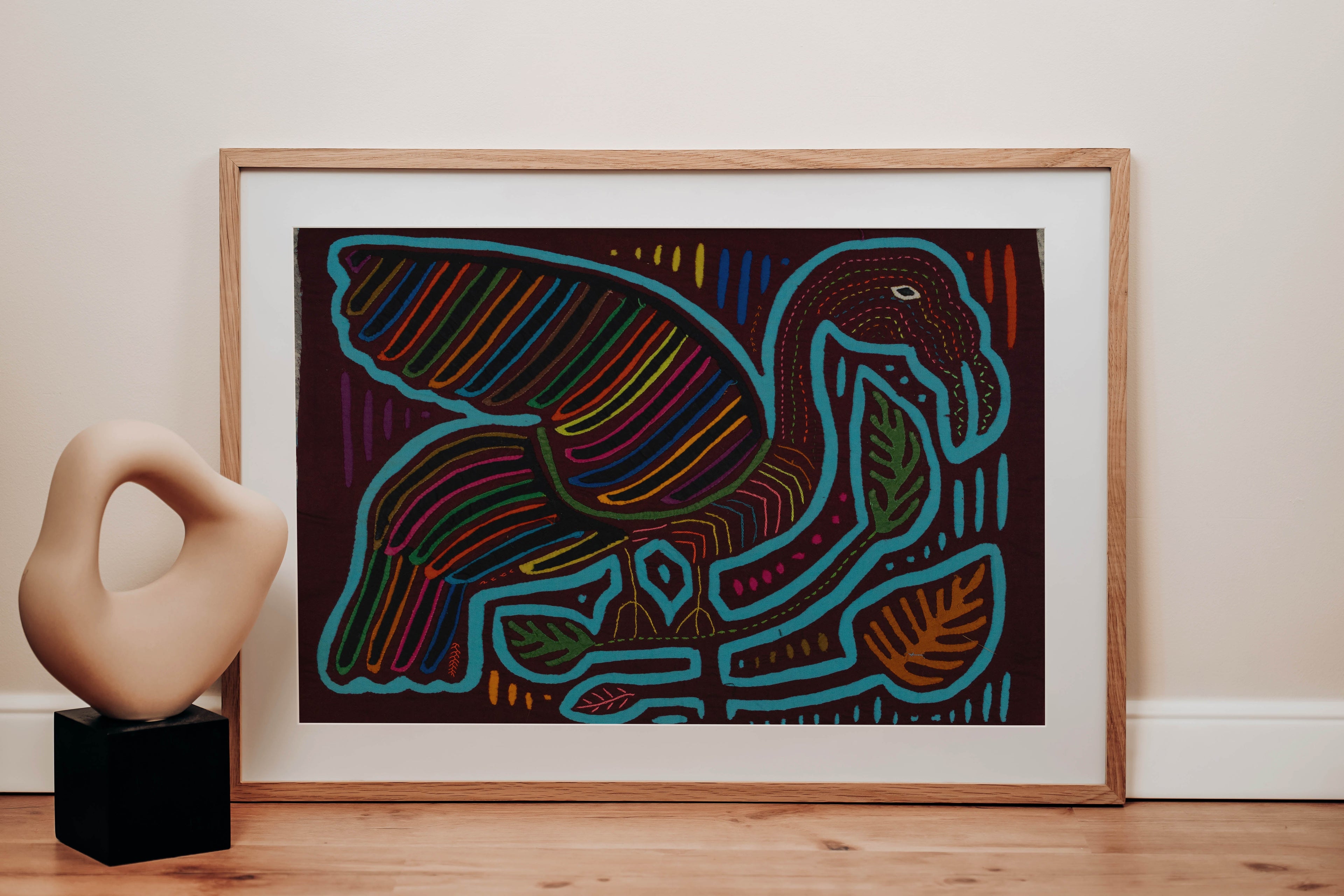 Traditional Maroon And Turquoise Swan Bird In Flight Mola