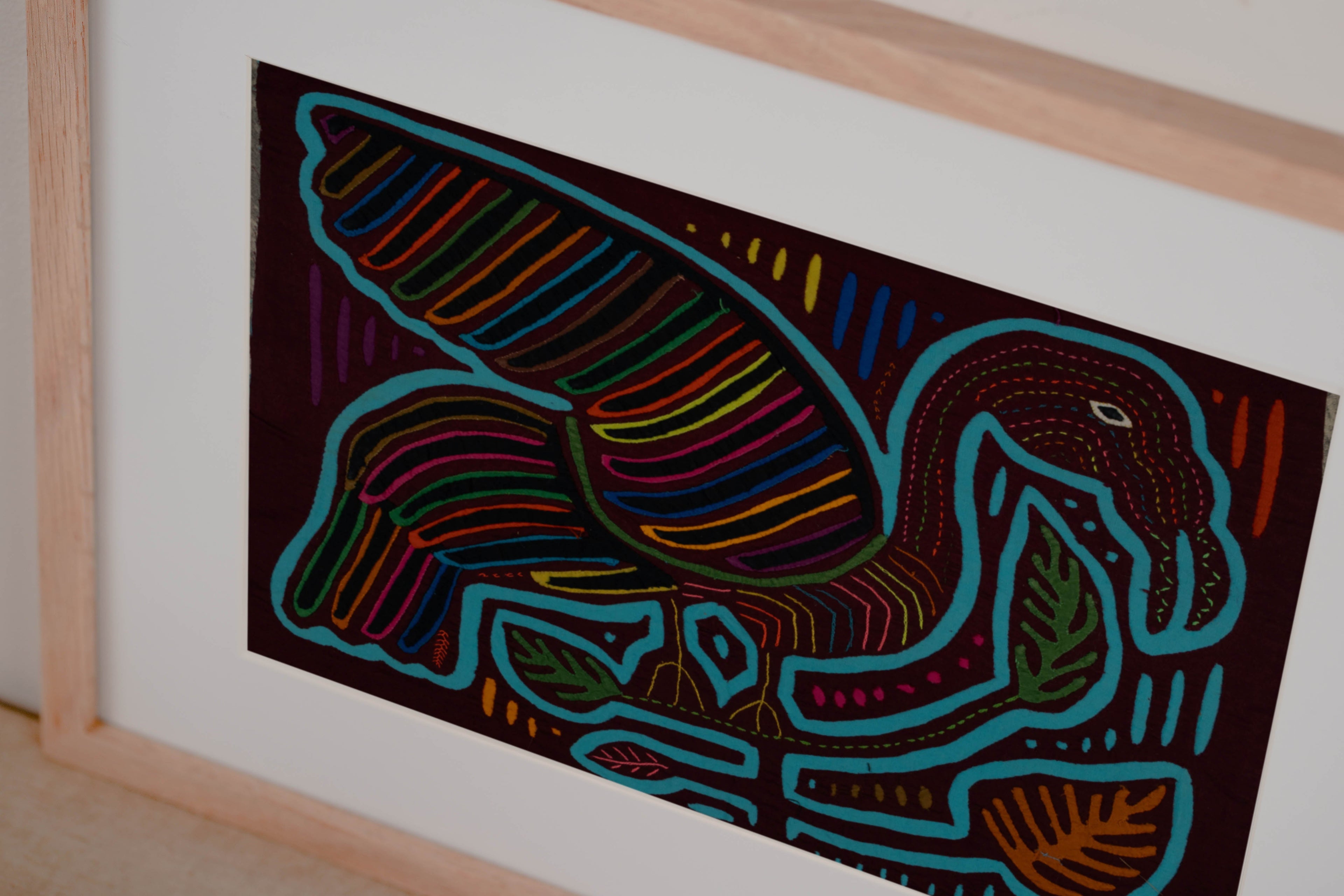 Traditional Maroon And Turquoise Swan Bird In Flight Mola