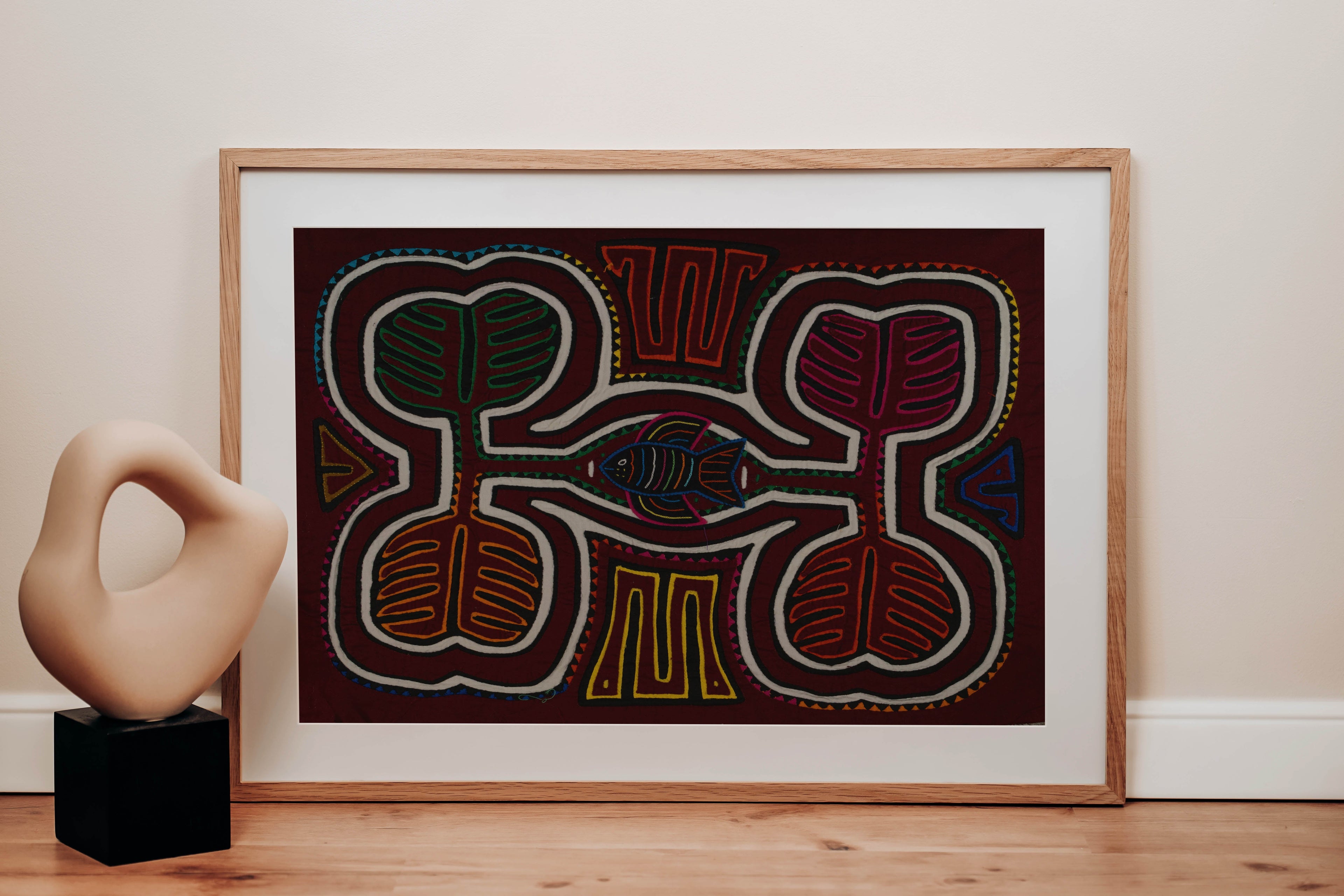 Traditional Maroon And White Autumn Leaf With Fish Mola