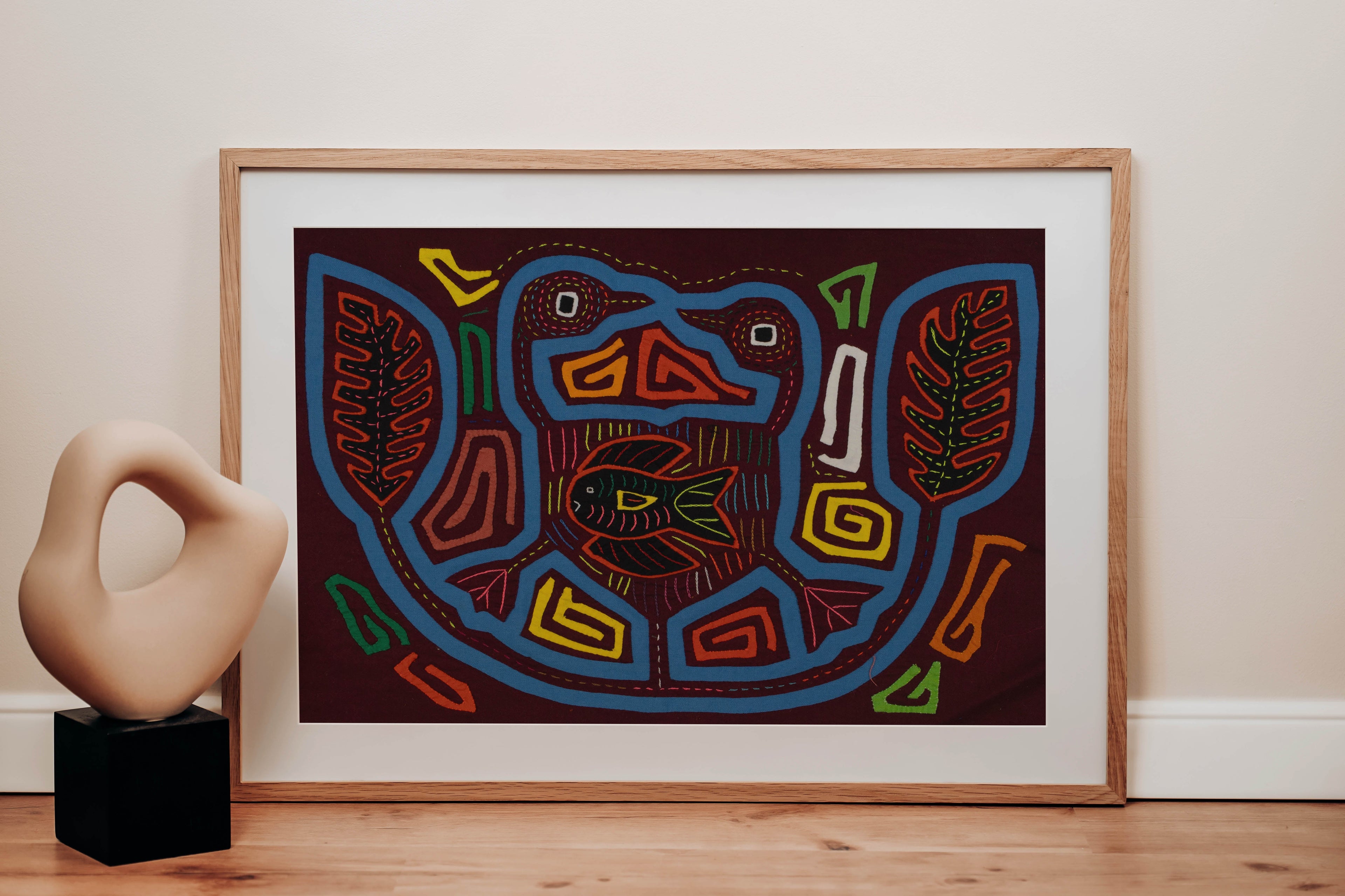 Traditional Burgundy And Turquoise Duck And Fish Mola