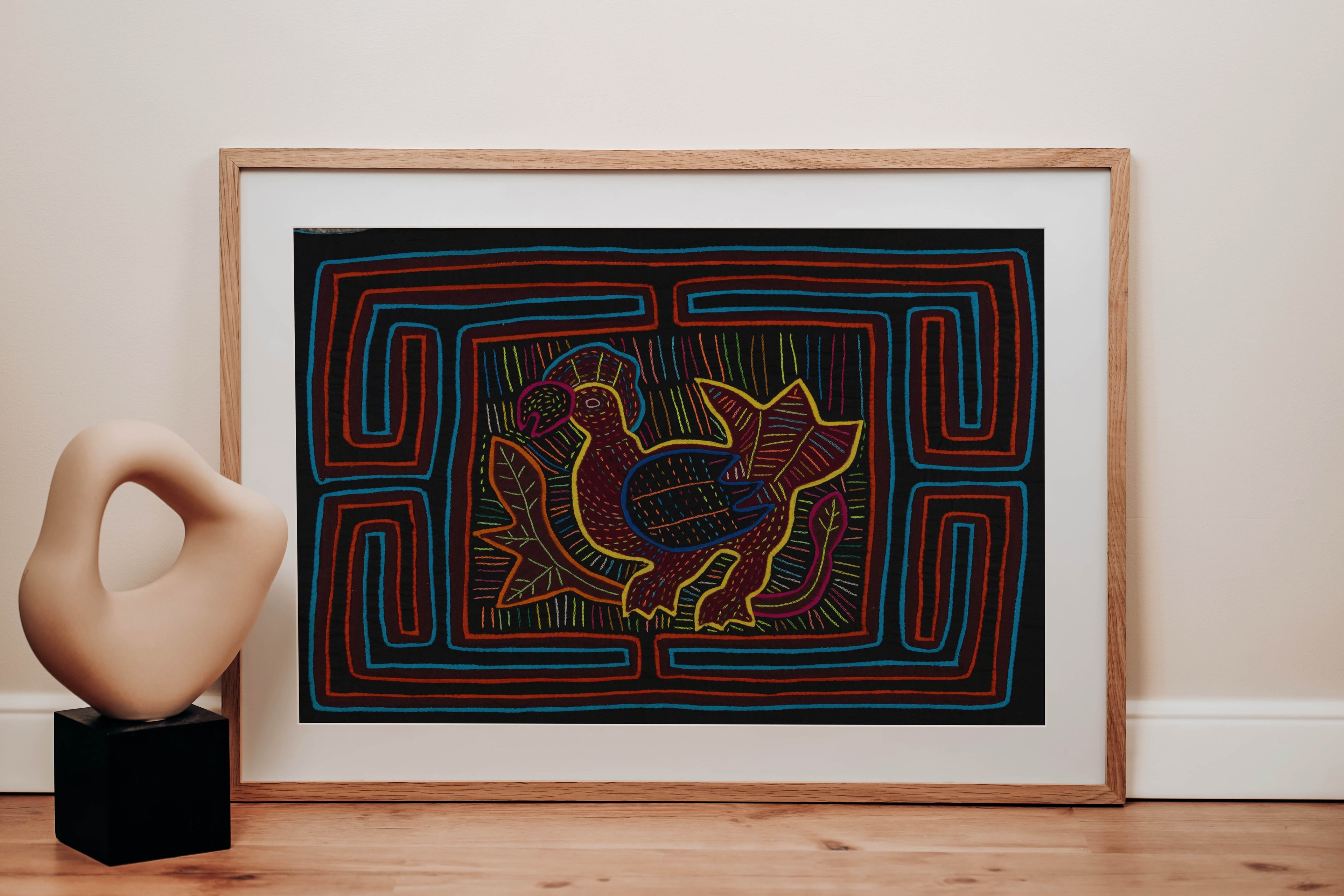 Traditional Black Orange And Blue Rooster Mola