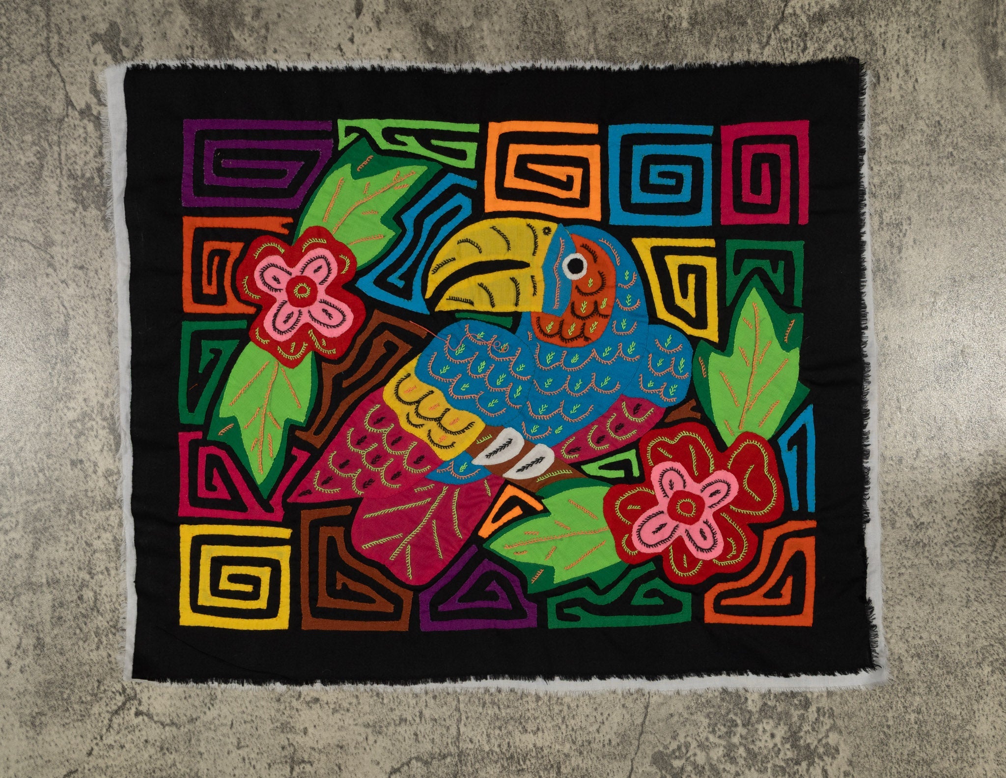 Blue Toucan Perched Among Jungle Flowers Mola