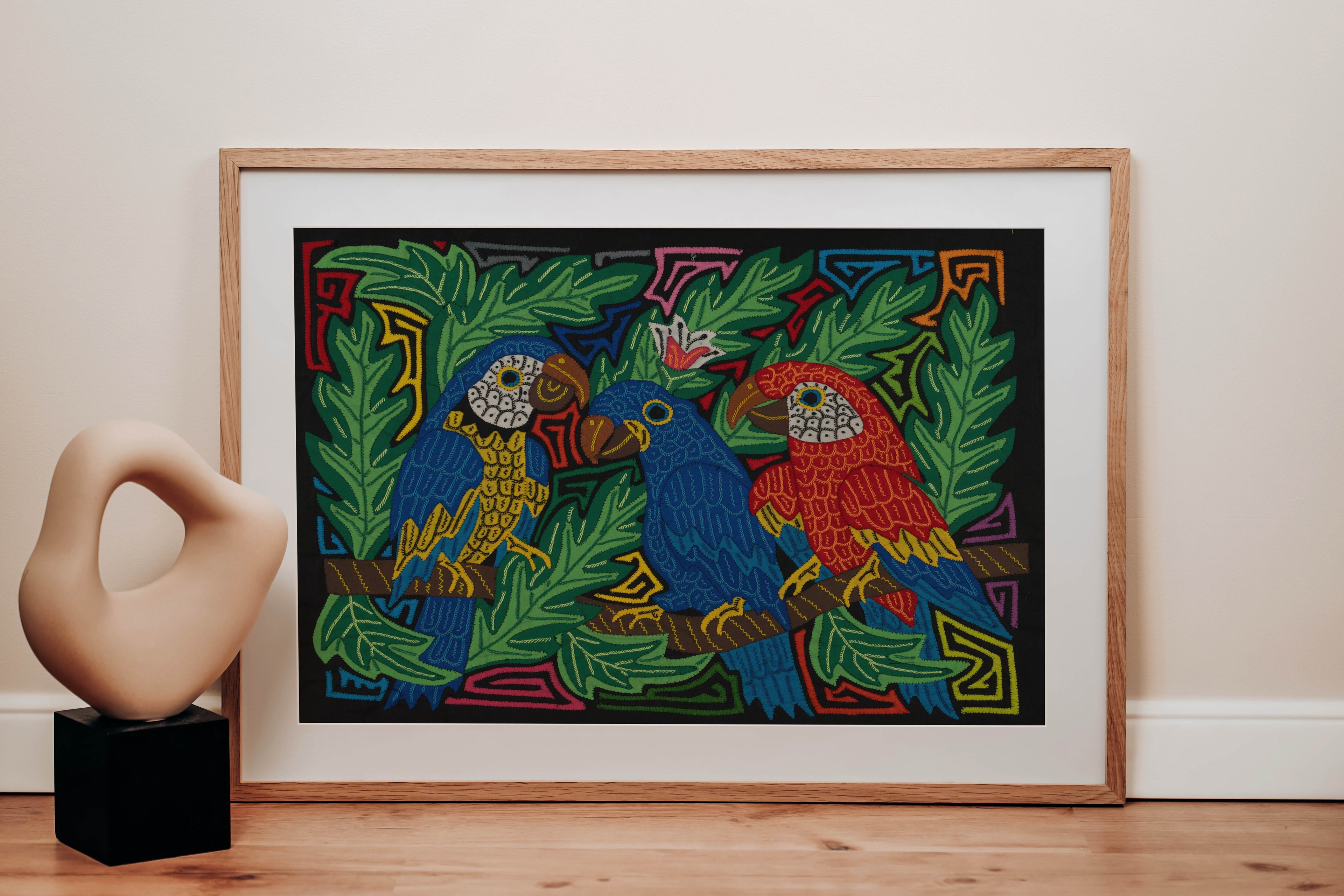 Fantasy Blue Green And Red Three Parrot Mola
