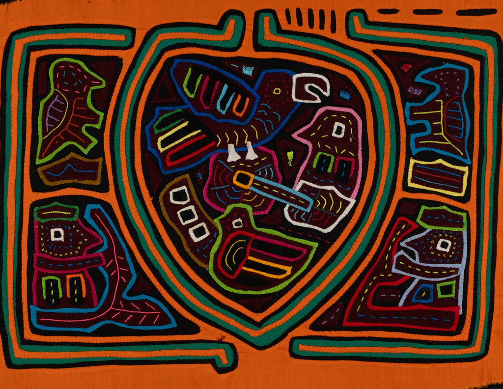 Traditional Orange And Green Bird Mola