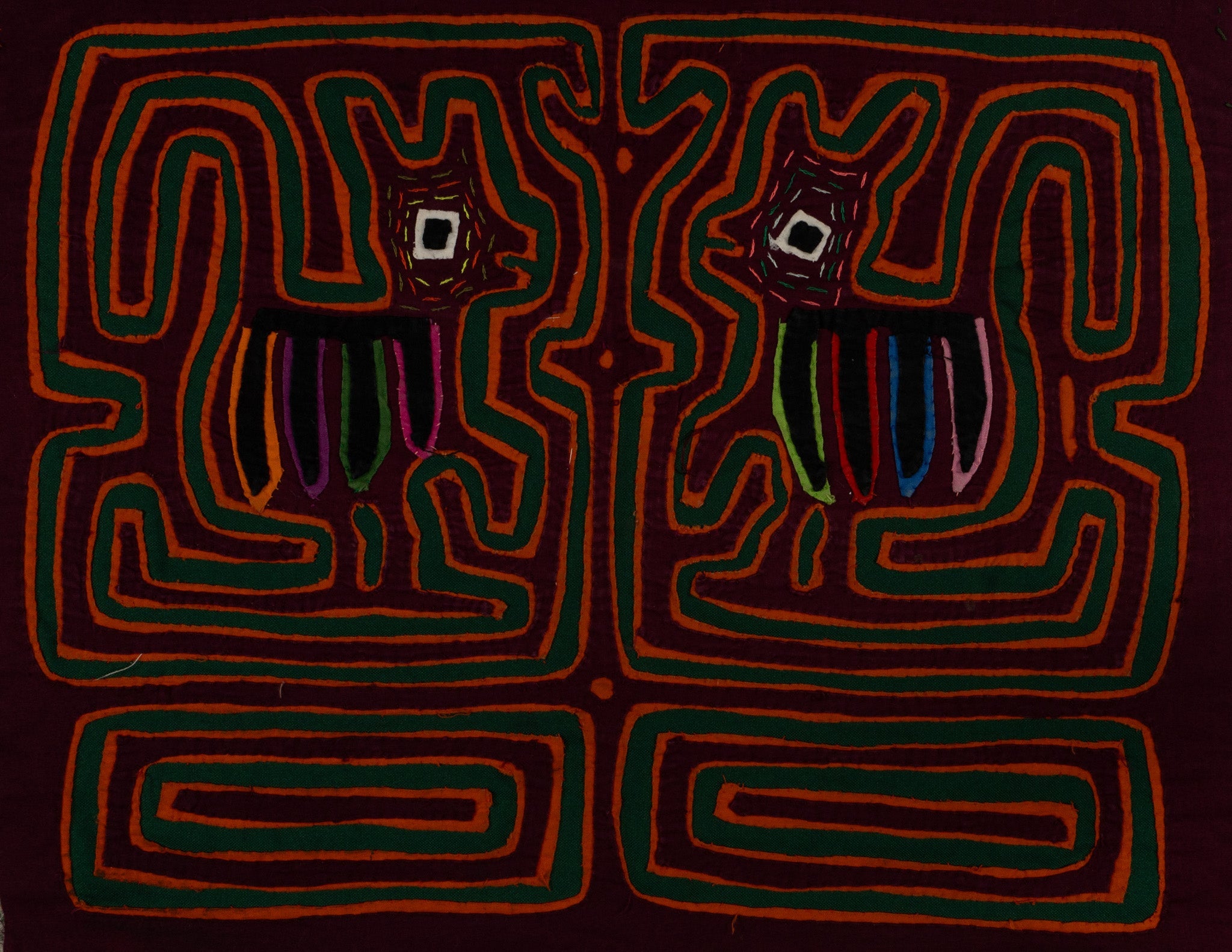 Traditional Maroon Orange And Green Puppy Dog Mola