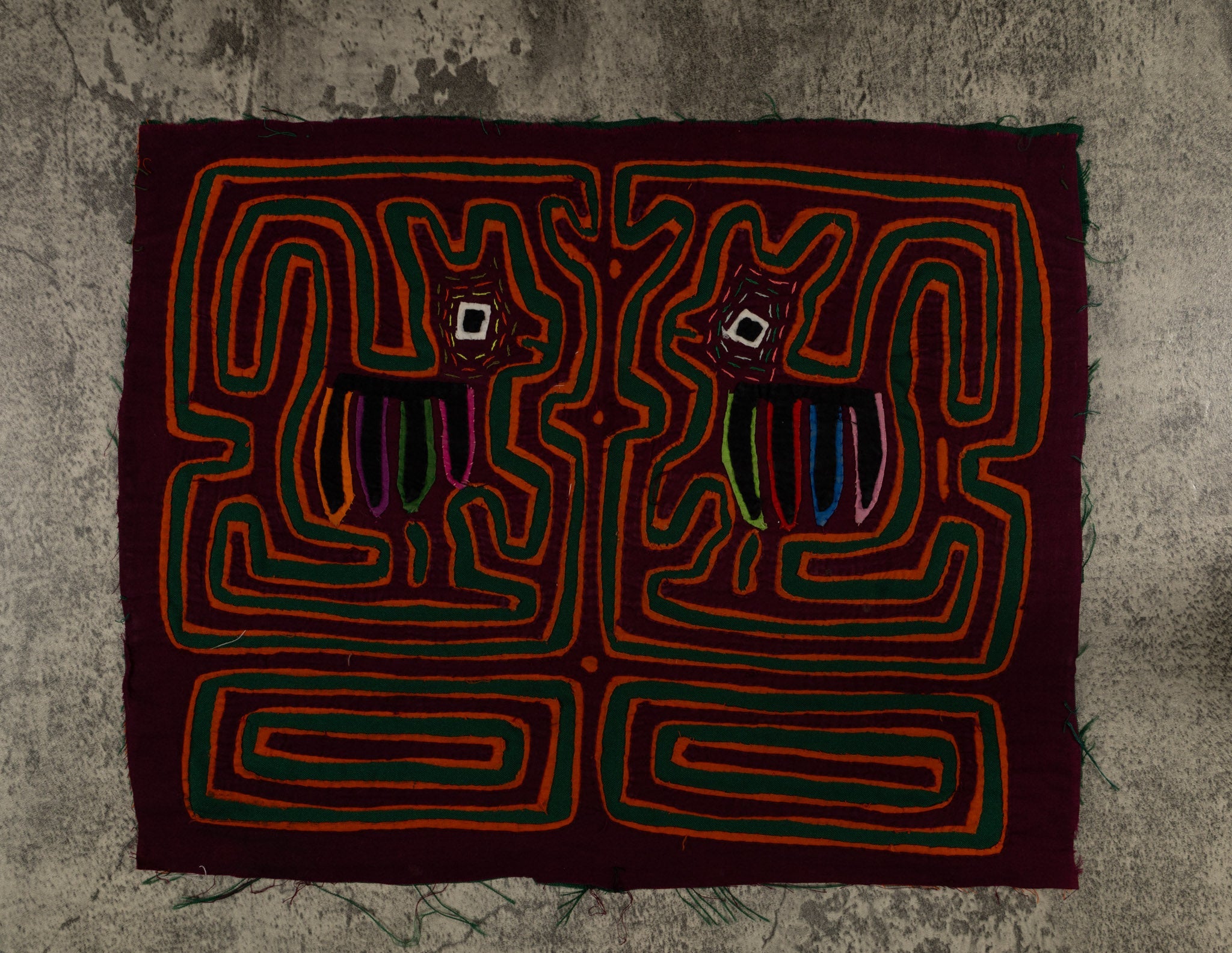 Traditional Maroon Orange And Green Puppy Dog Mola