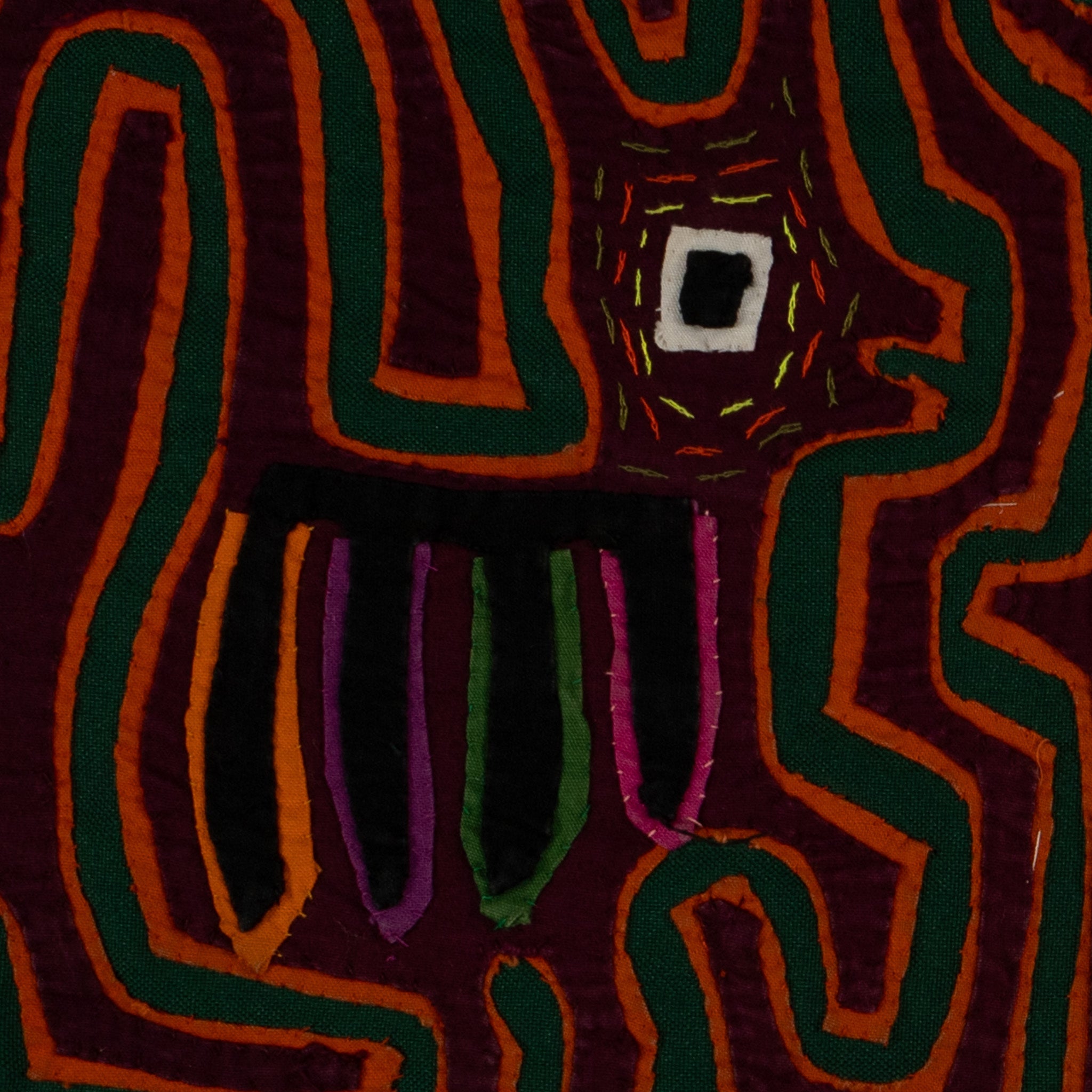 Traditional Maroon Orange And Green Puppy Dog Mola