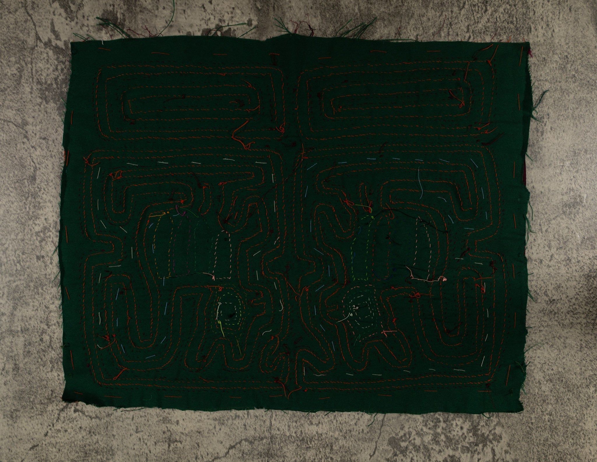 Traditional Maroon Orange And Green Puppy Dog Mola