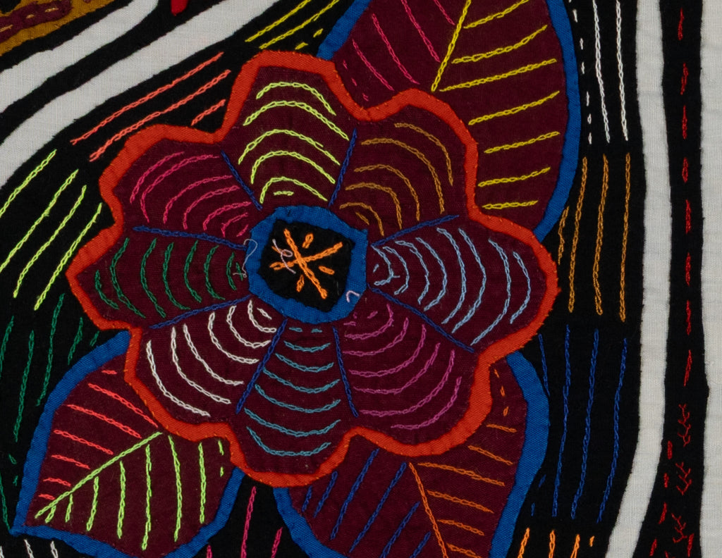 Traditional Black White And Red Floral Flower Mola
