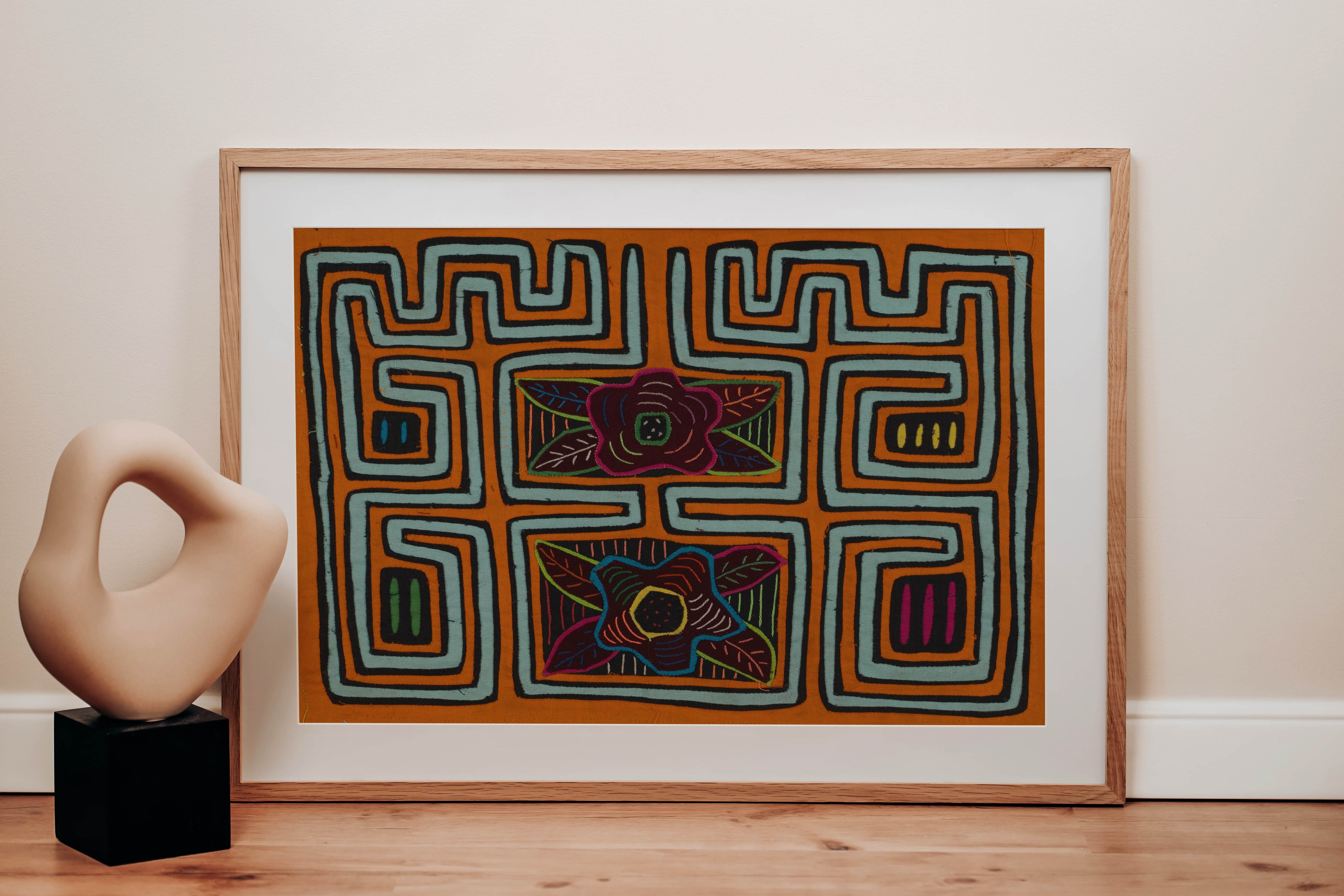 Traditional Orange And Aqua Foral Flower Mola