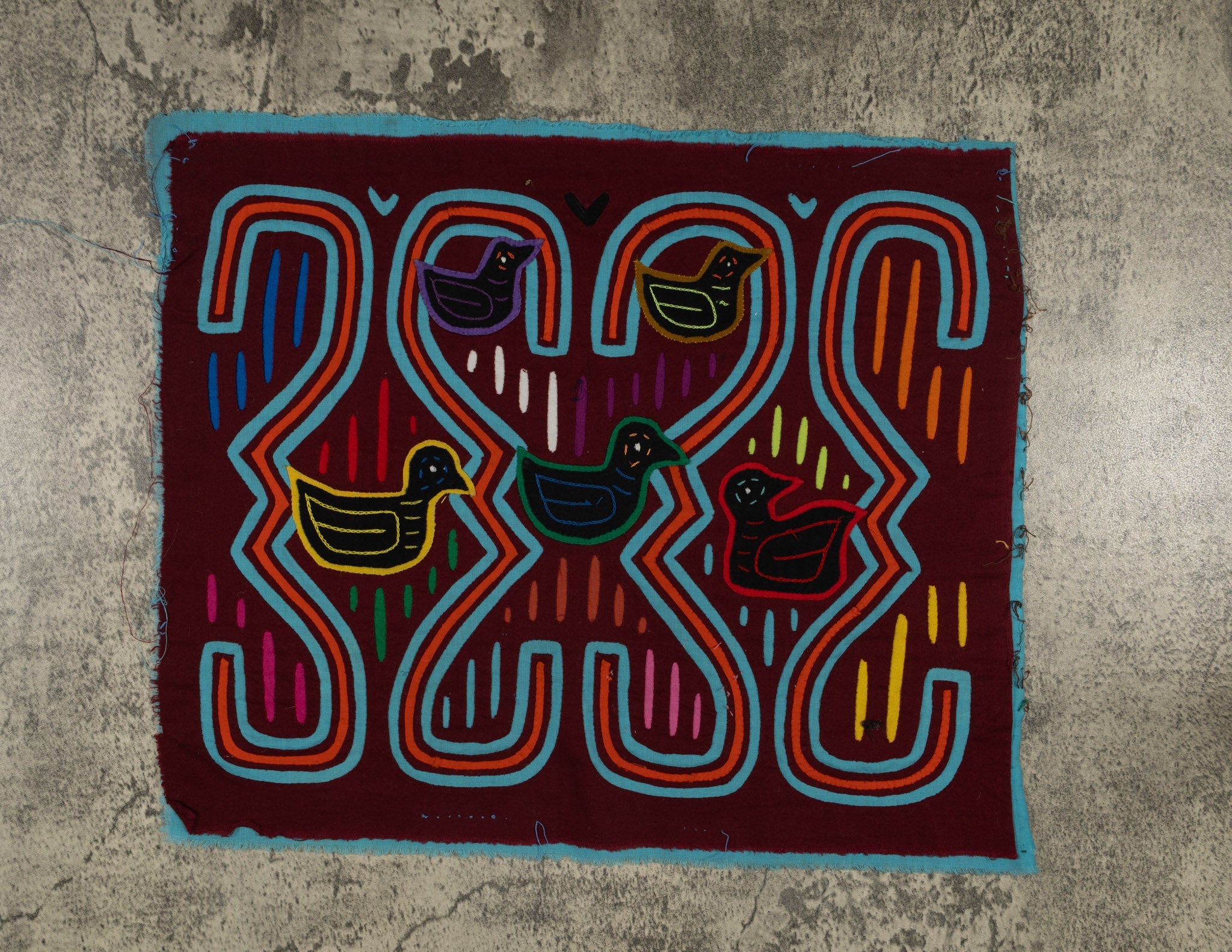 Traditional Burgundy Turquoise And Orange Duck Mola
