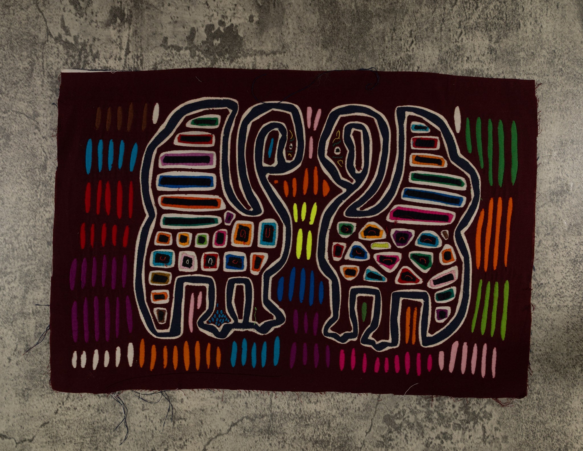 Traditional Maroon And Blue Coy Peacock Mola