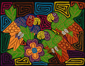 Three Colorful Parrots with Flowers Mola