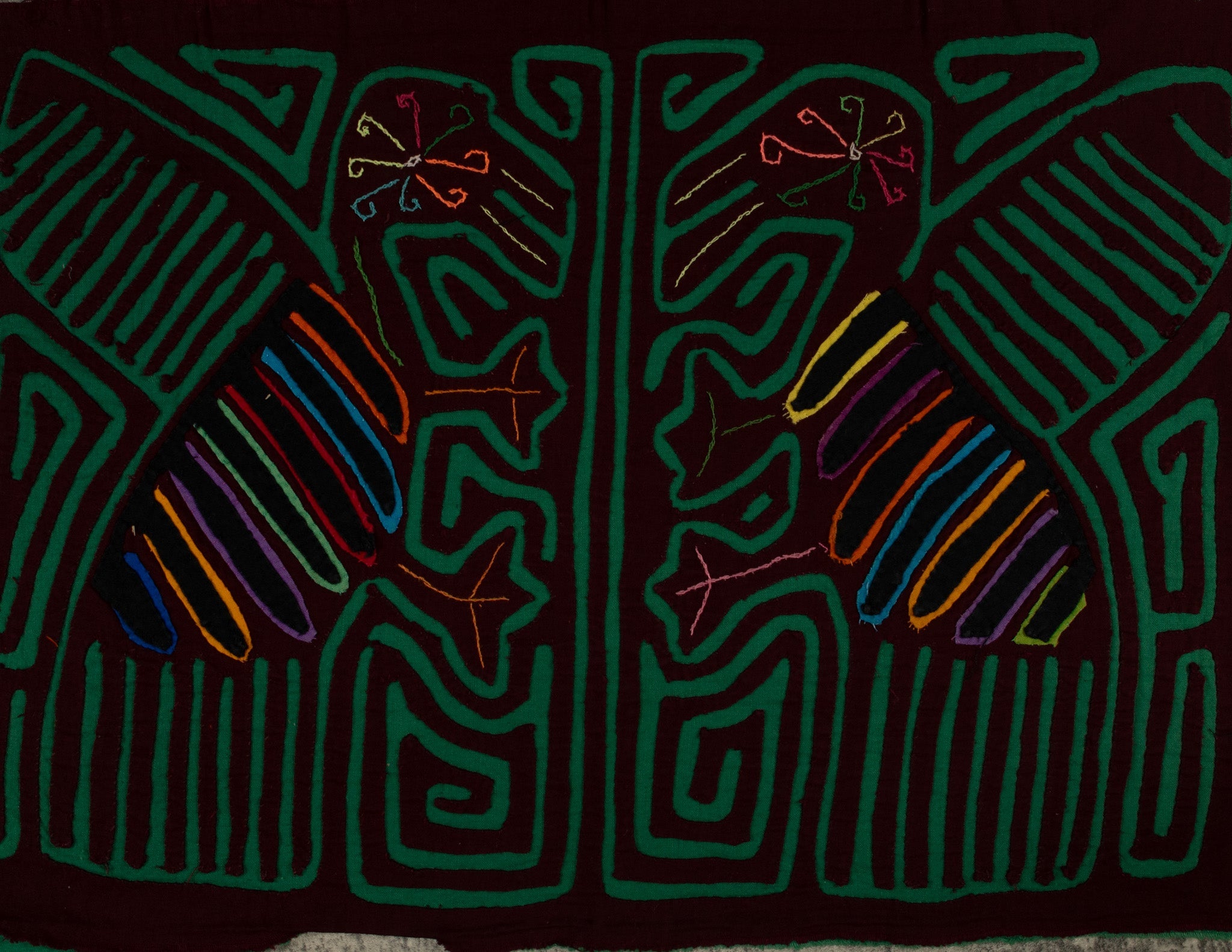 Traditional Burgundy And Green Romance Bird Dance Mola