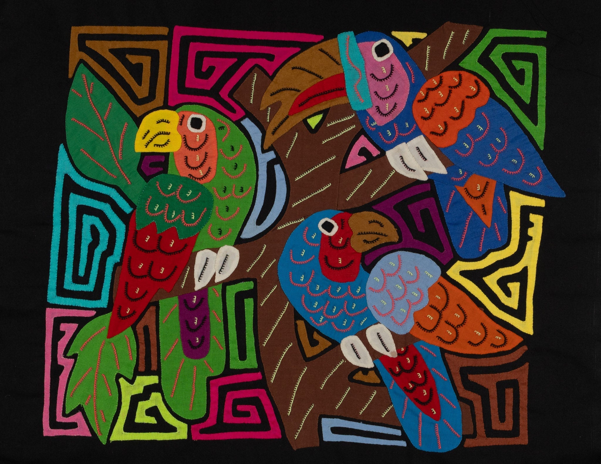 Fantasy Orange Blue And Green Three Bird Toucan And Parrot Mola