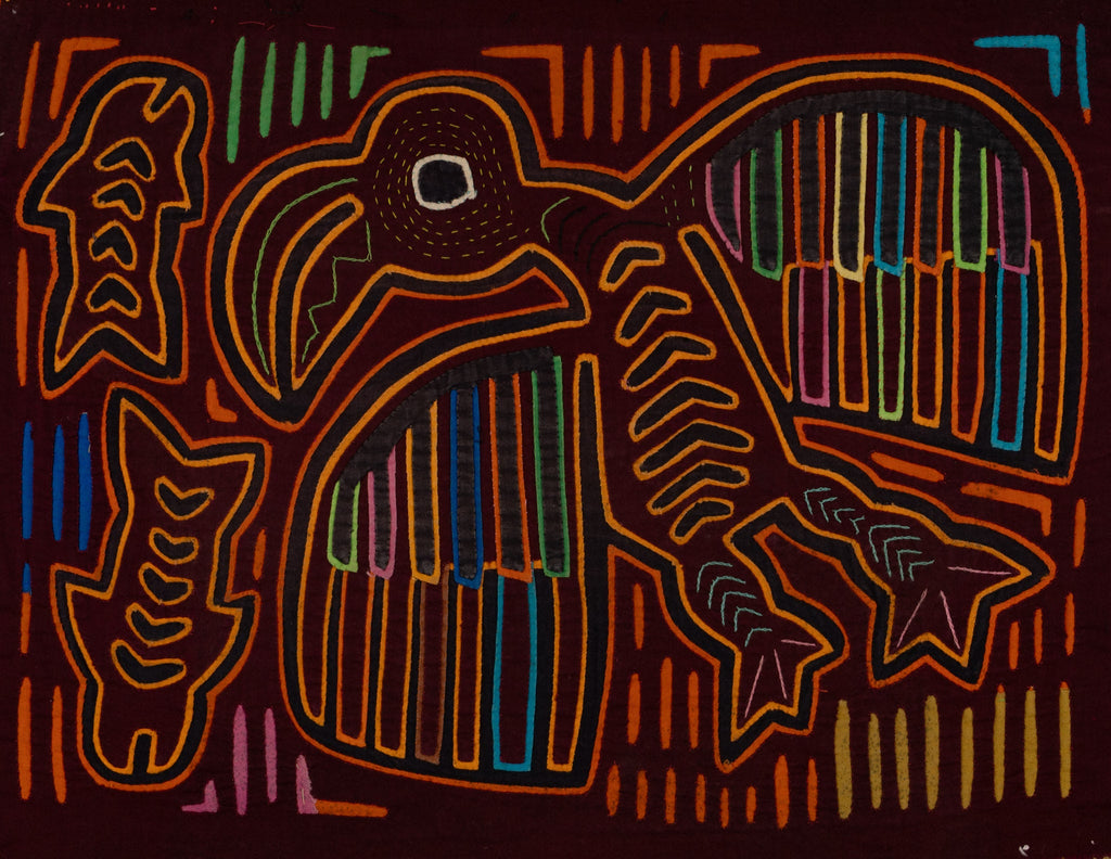 Traditional Burgundy And Orange Ocean Bird In Flight Mola