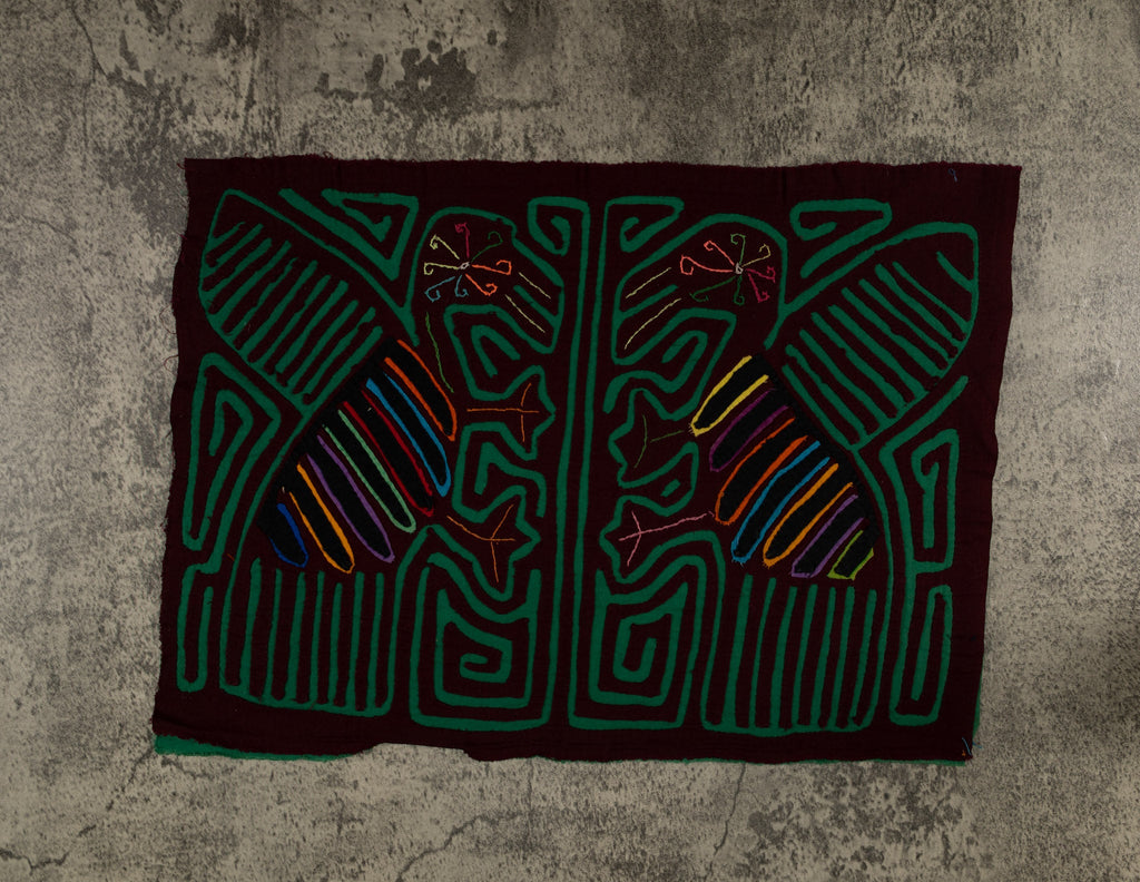 Traditional Burgundy And Green Romance Bird Dance Mola