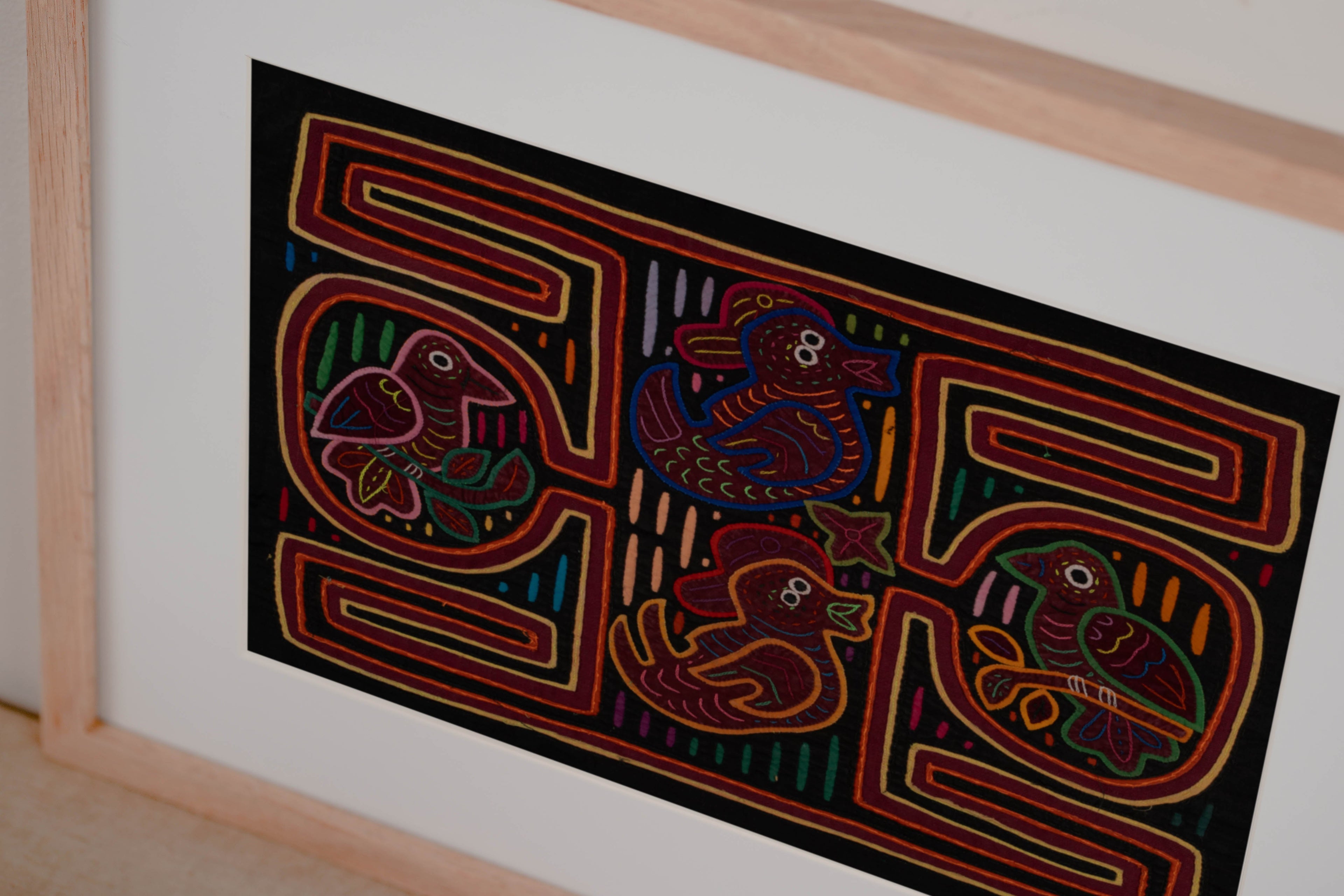 Traditional Red Orange And Black Bird Mola